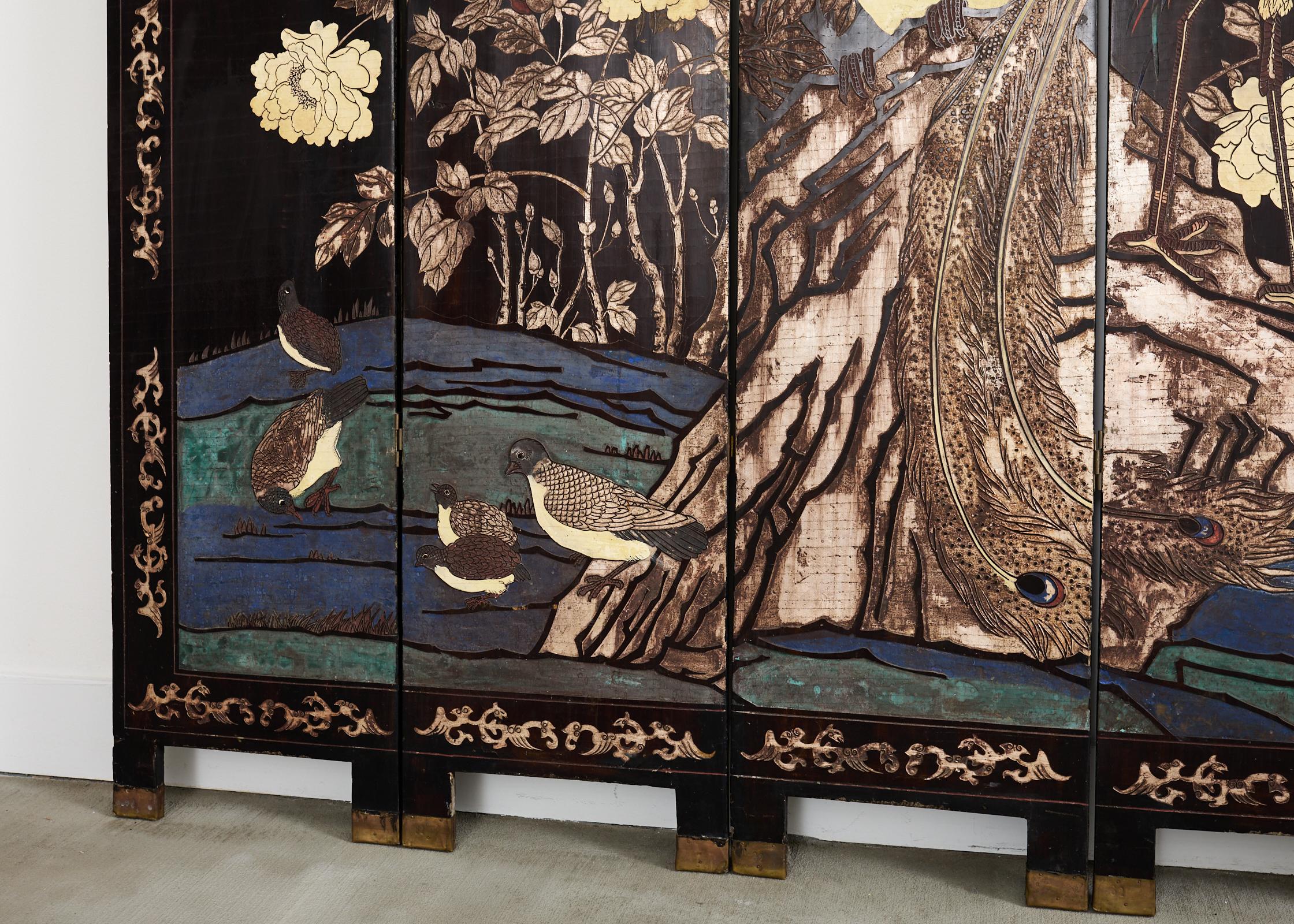 Chinese Export Eight Panel Coromandel Screen Bird Landscape 11