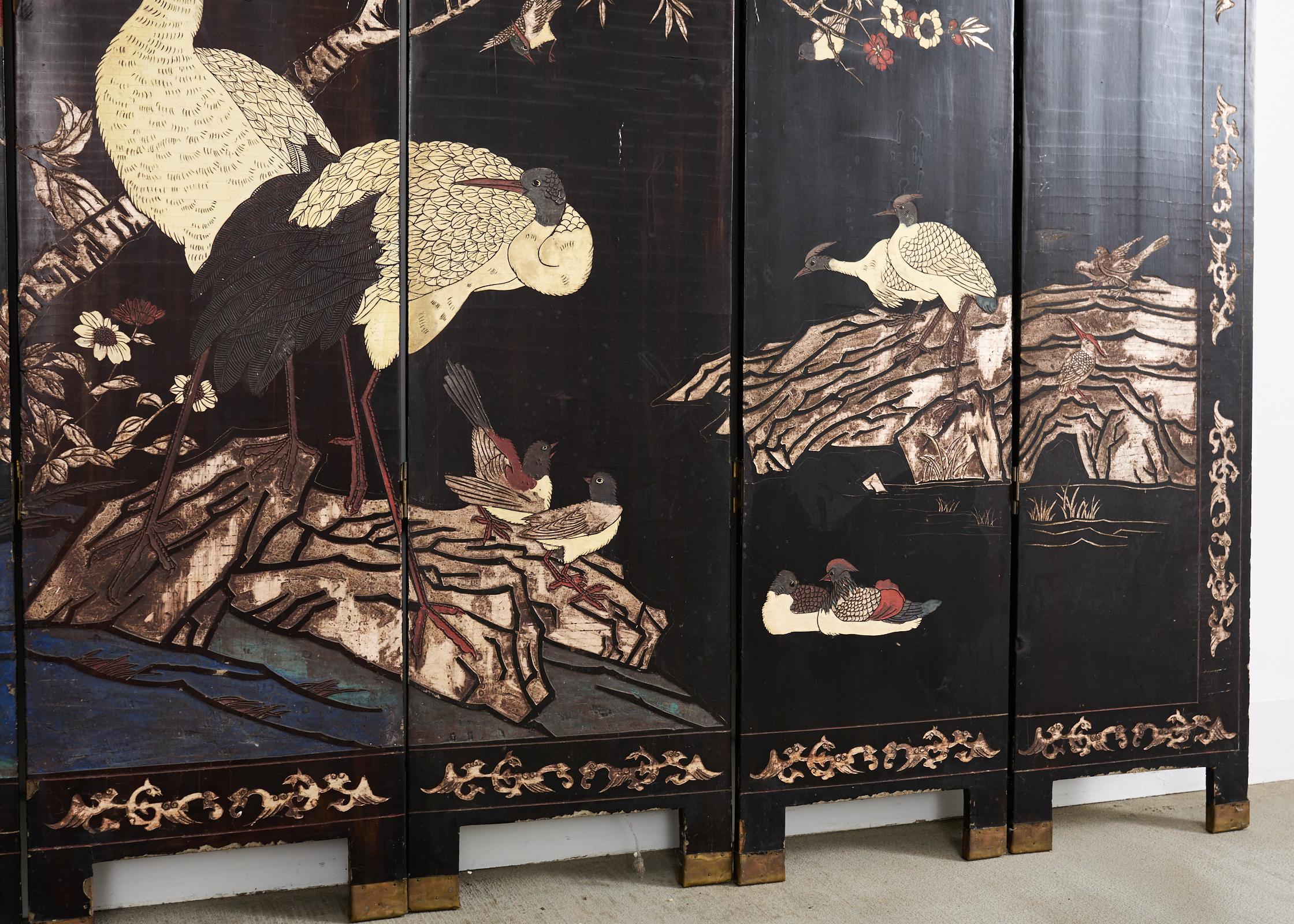 Chinese Export Eight Panel Coromandel Screen Bird Landscape 12