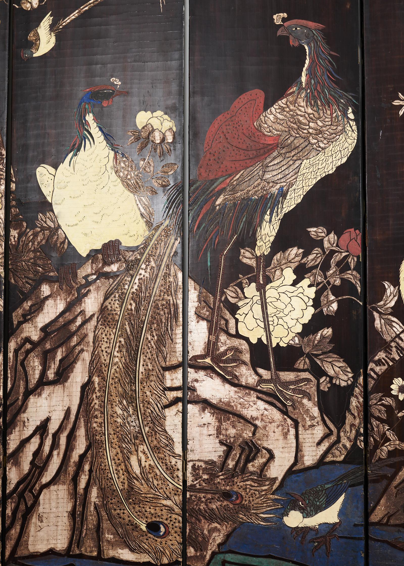 Chinese Export Eight Panel Coromandel Screen Bird Landscape 13