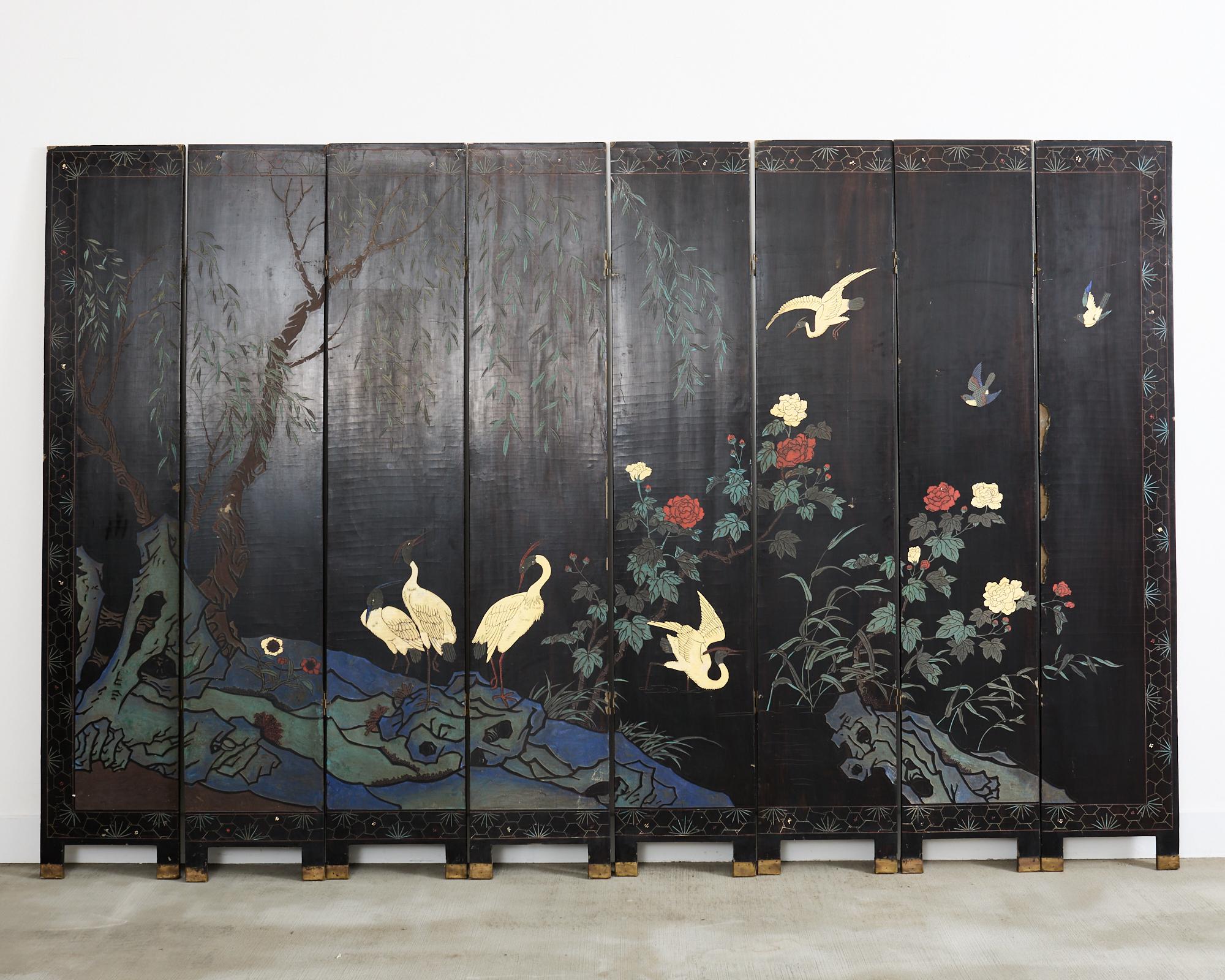 Chinese Export Eight Panel Coromandel Screen Bird Landscape 14