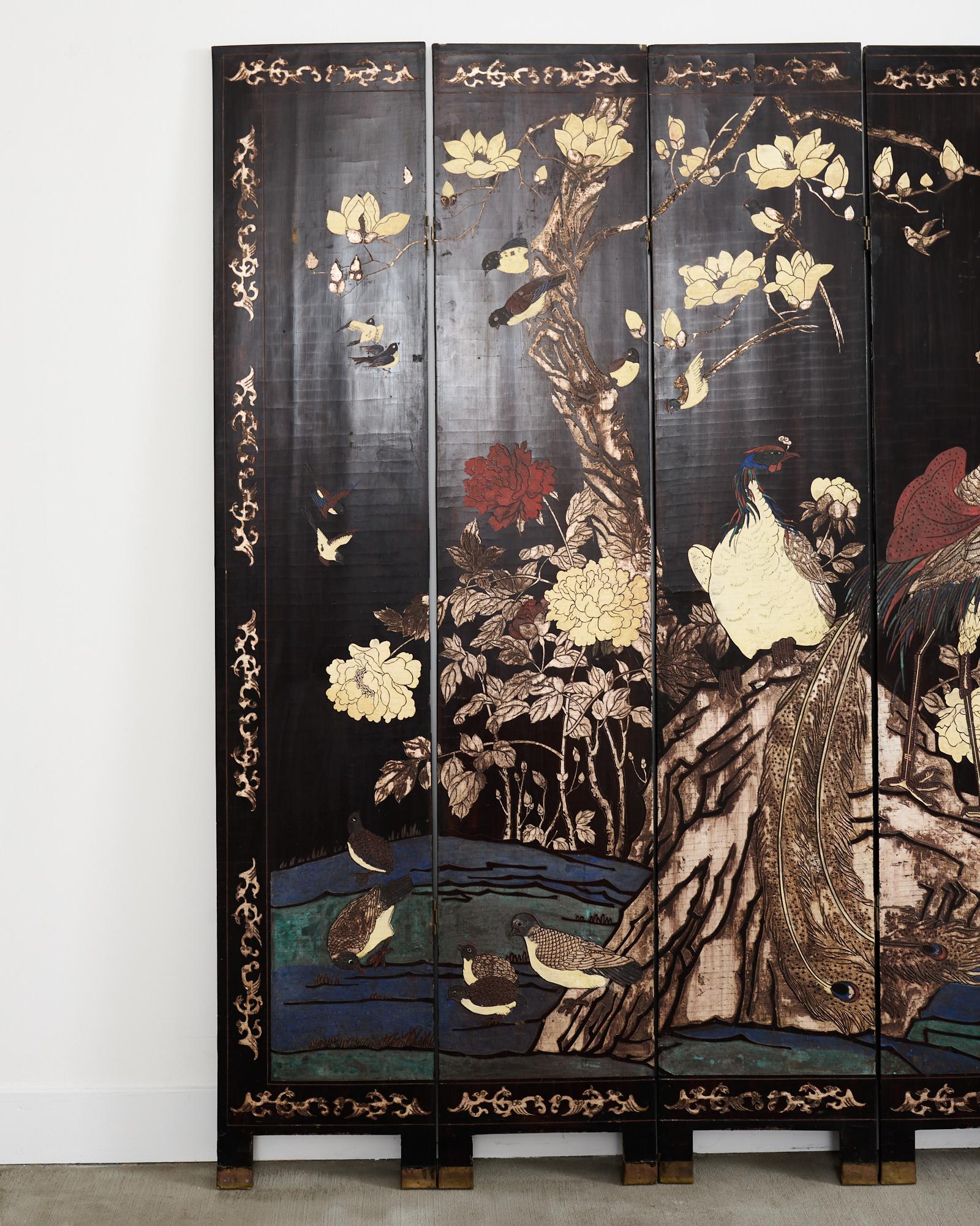 Chinese Export Eight Panel Coromandel Screen Bird Landscape In Distressed Condition In Rio Vista, CA