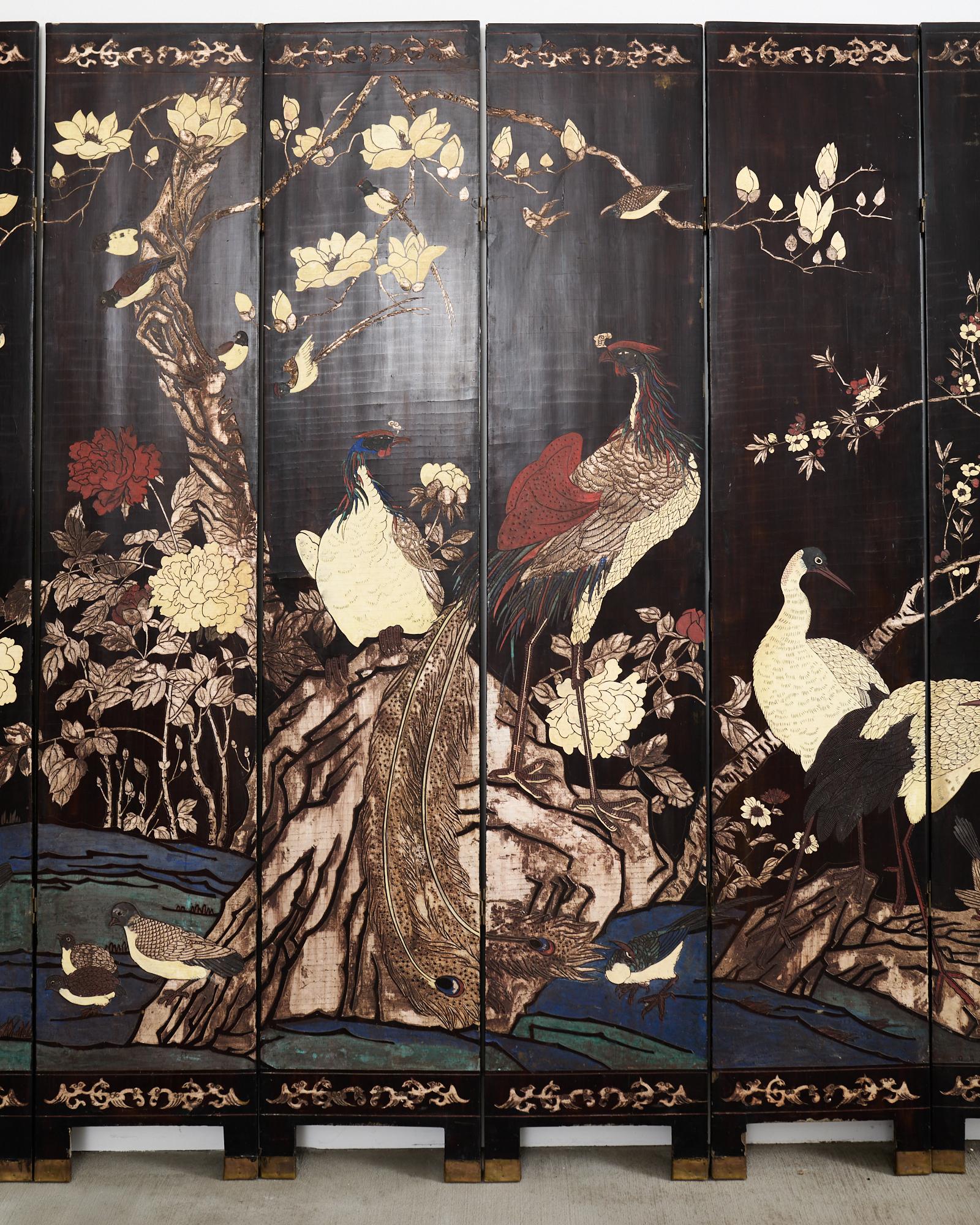 20th Century Chinese Export Eight Panel Coromandel Screen Bird Landscape