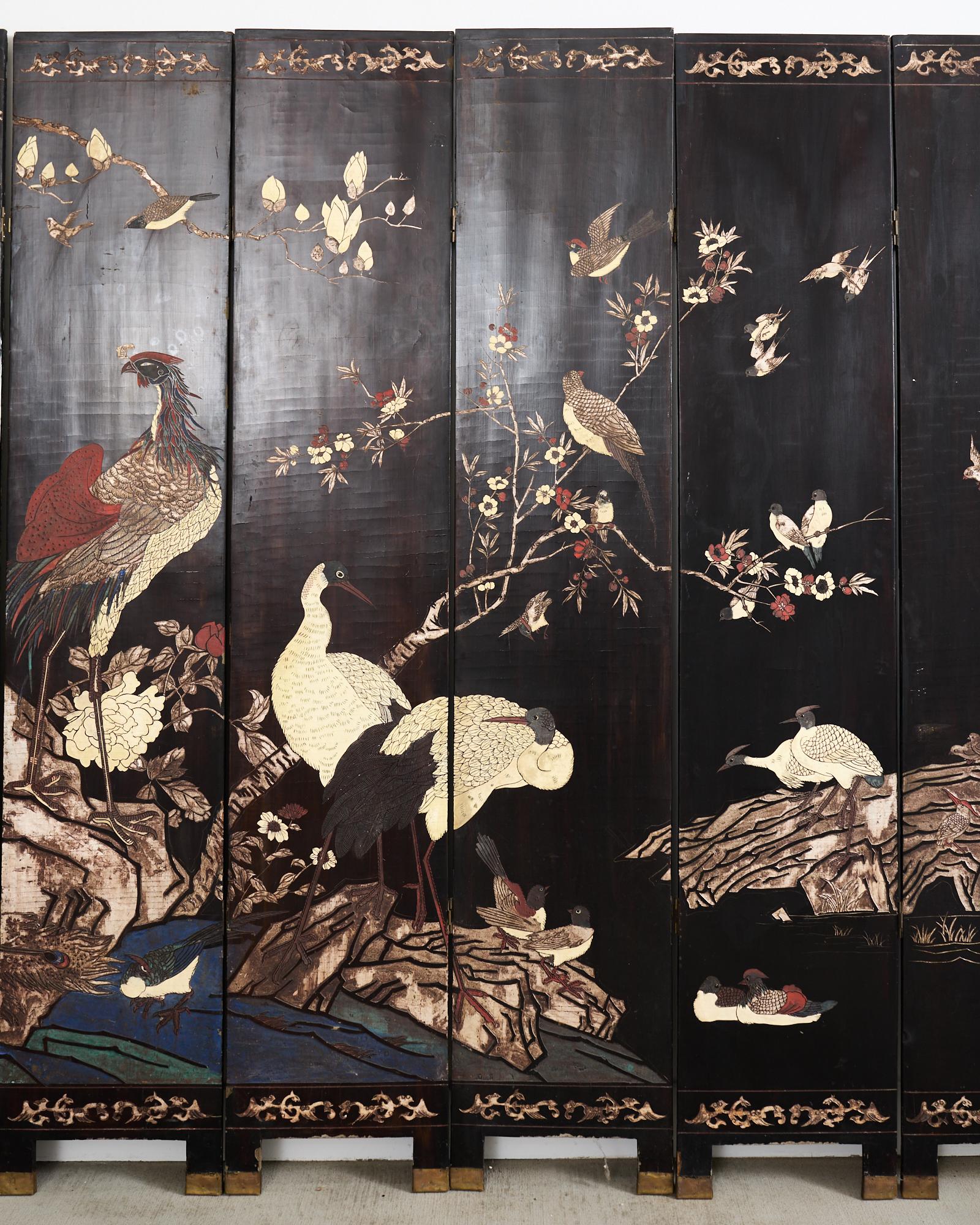 Brass Chinese Export Eight Panel Coromandel Screen Bird Landscape