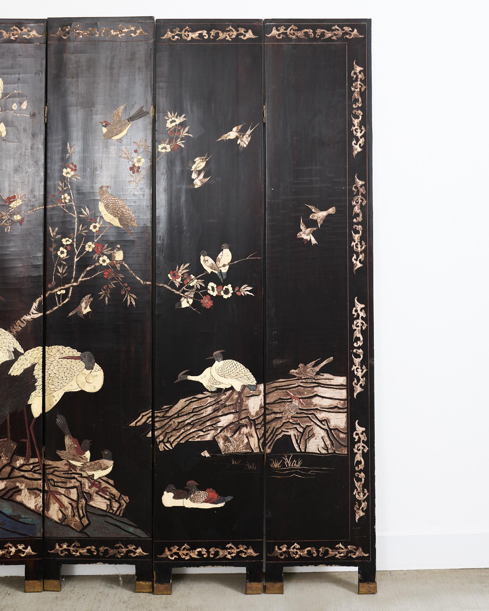 Chinese Export Eight Panel Coromandel Screen Bird Landscape 1