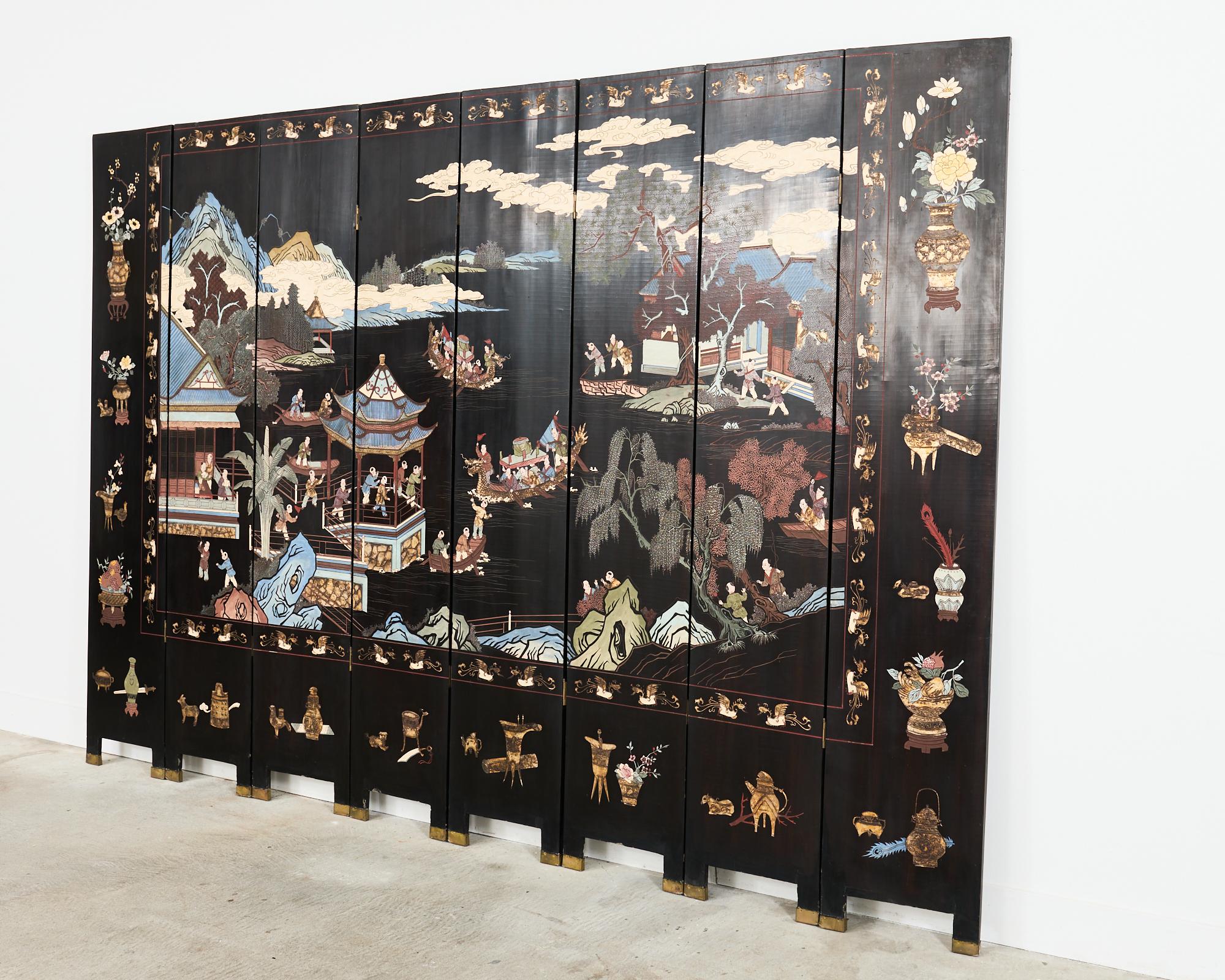 Chinese Export Eight Panel Coromandel Screen Blue Mountain Pavilion For Sale 3
