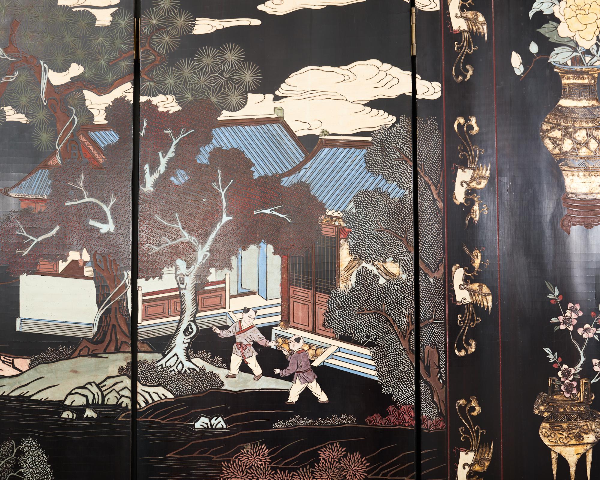 Chinese Export Eight Panel Coromandel Screen Blue Mountain Pavilion For Sale 5