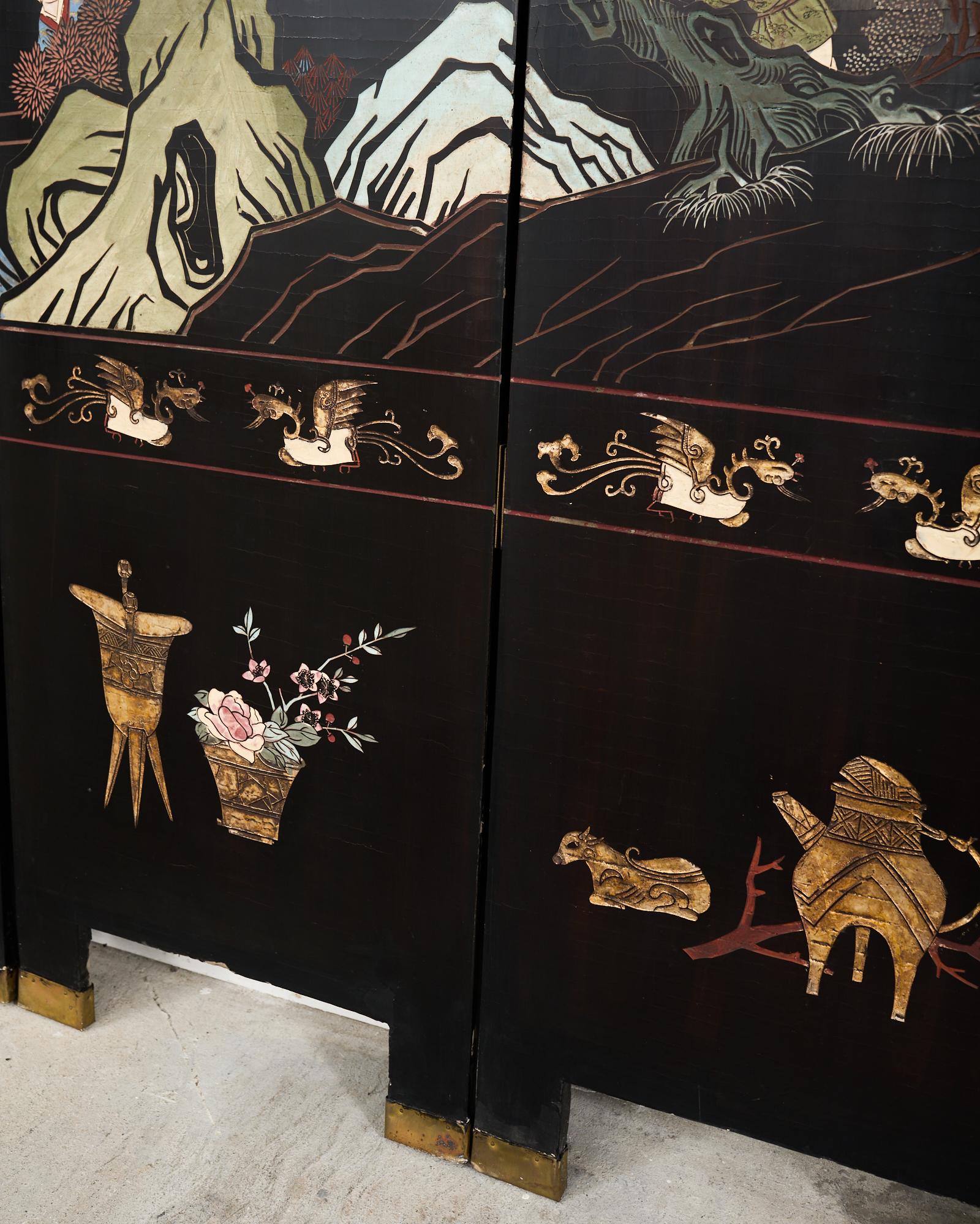 Chinese Export Eight Panel Coromandel Screen Blue Mountain Pavilion For Sale 8