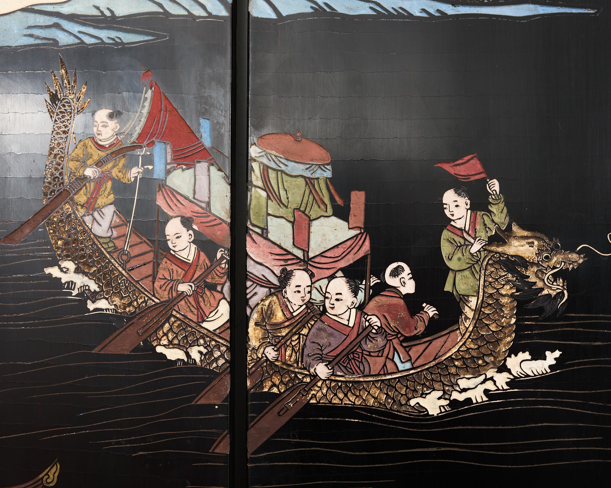 Chinese Export Eight Panel Coromandel Screen Blue Mountain Pavilion For Sale 10