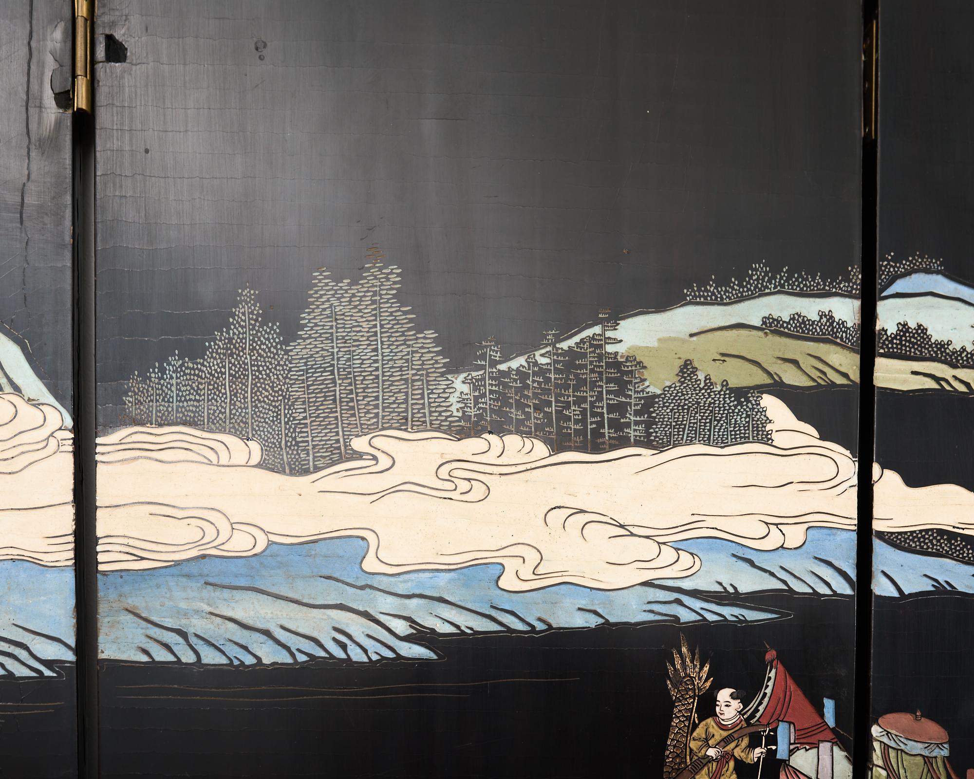 Chinese Export Eight Panel Coromandel Screen Blue Mountain Pavilion For Sale 11