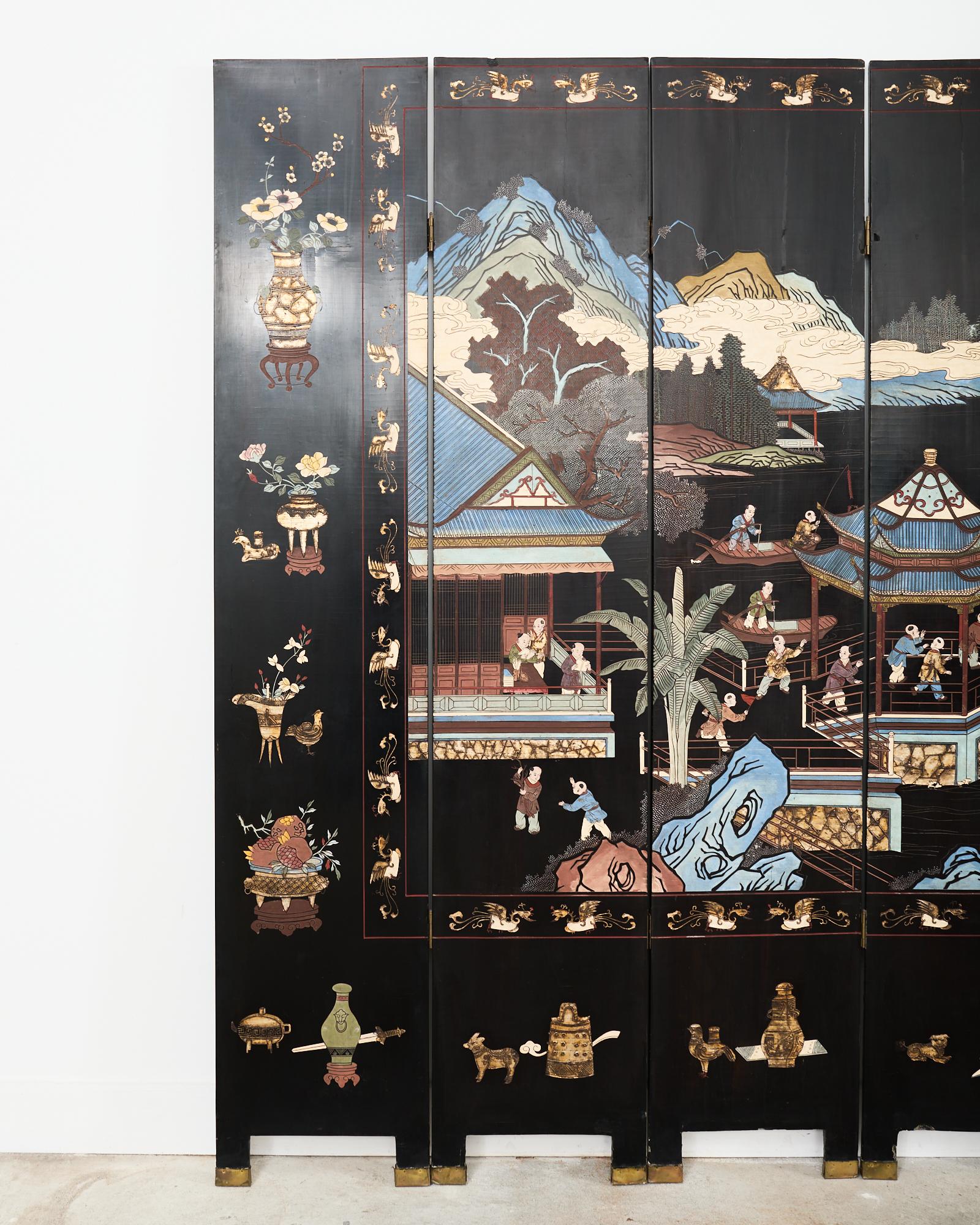 Chinese Chippendale Chinese Export Eight Panel Coromandel Screen Blue Mountain Pavilion For Sale