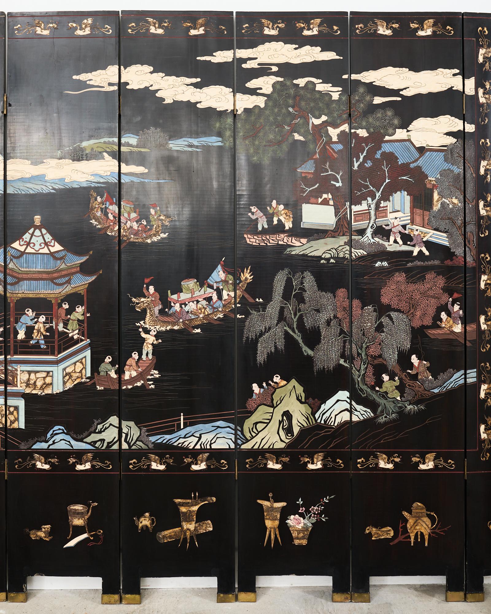 Lacquered Chinese Export Eight Panel Coromandel Screen Blue Mountain Pavilion For Sale