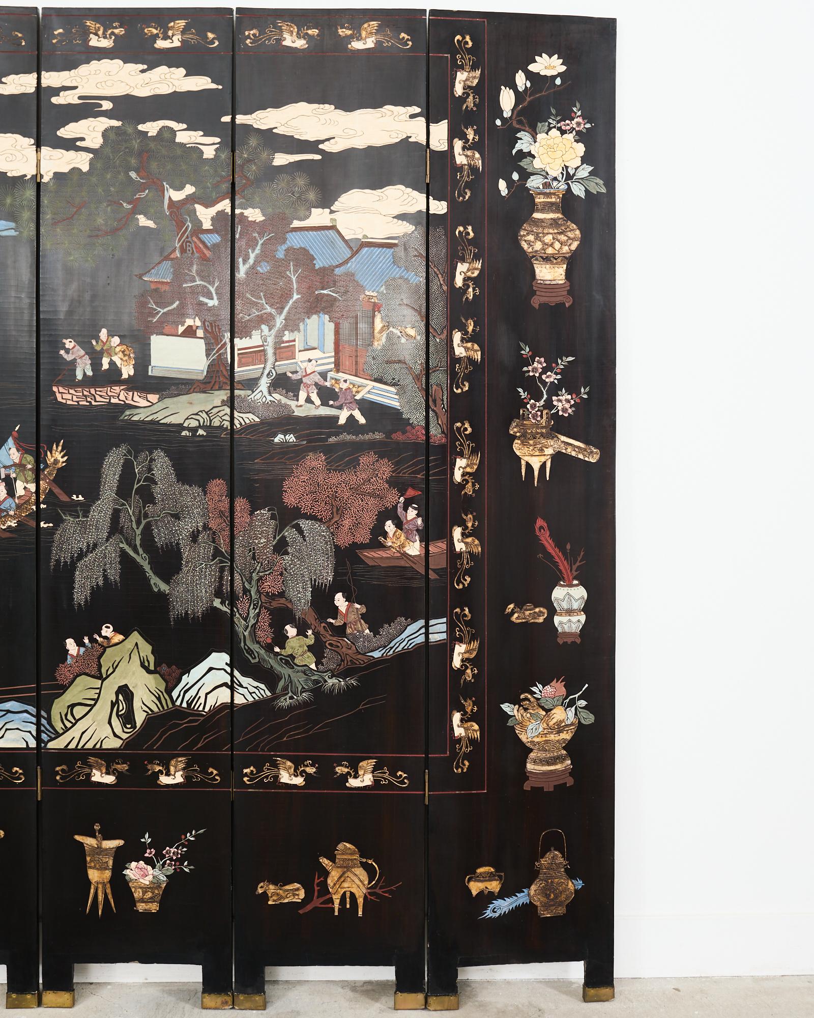 Chinese Export Eight Panel Coromandel Screen Blue Mountain Pavilion In Good Condition For Sale In Rio Vista, CA