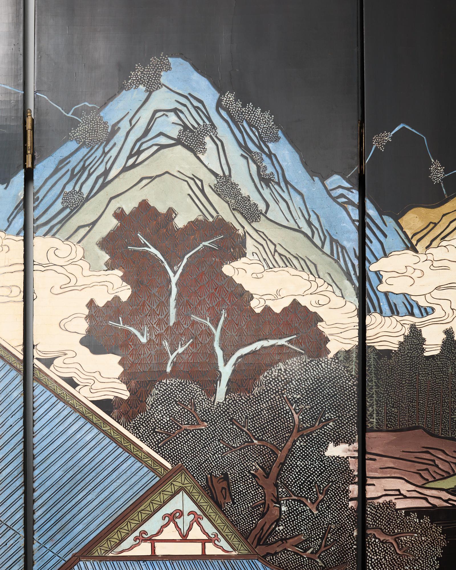 20th Century Chinese Export Eight Panel Coromandel Screen Blue Mountain Pavilion For Sale