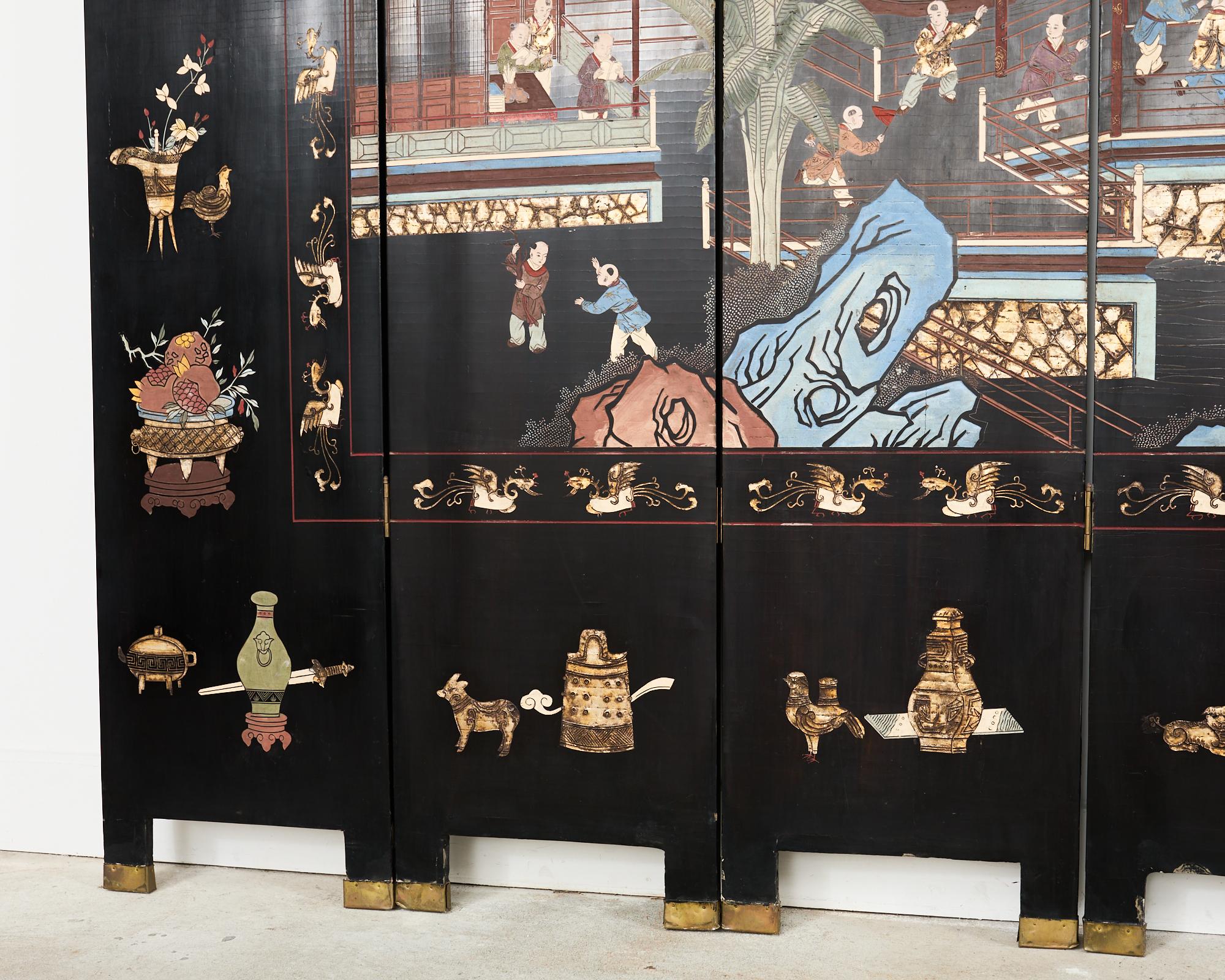 Brass Chinese Export Eight Panel Coromandel Screen Blue Mountain Pavilion For Sale