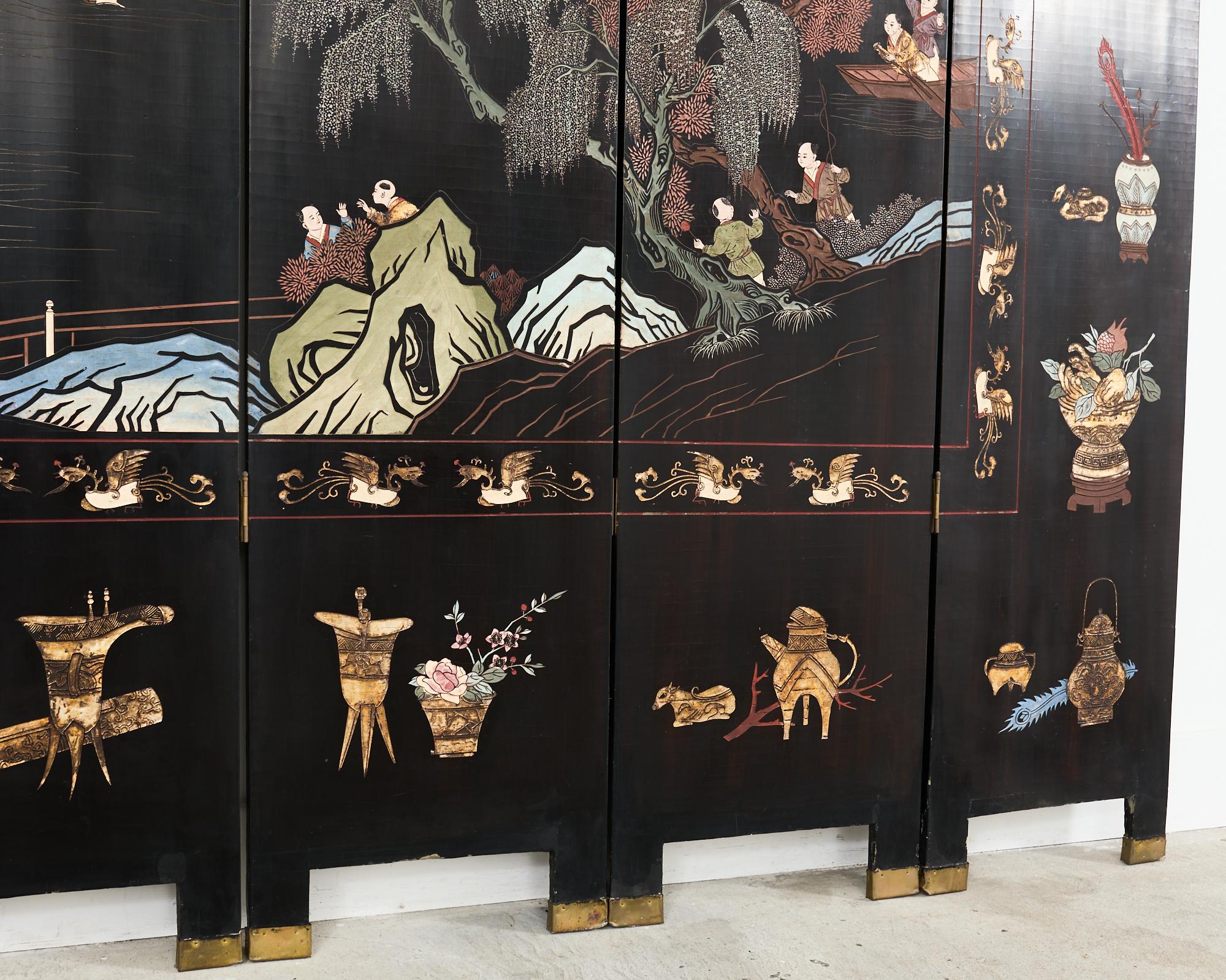 Chinese Export Eight Panel Coromandel Screen Blue Mountain Pavilion For Sale 1