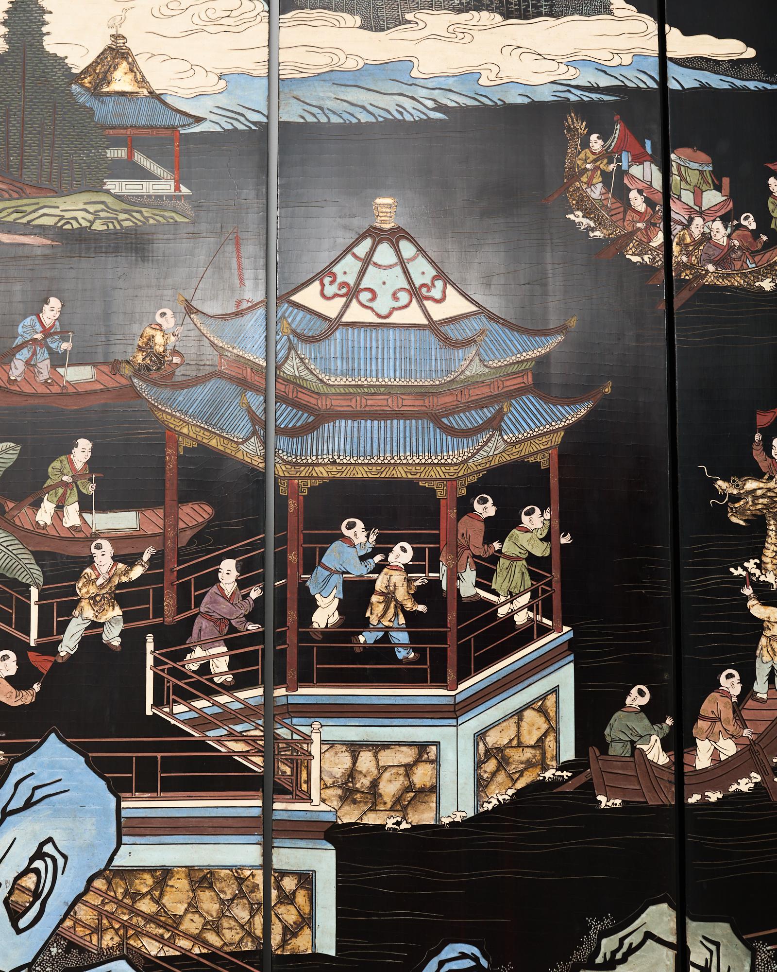 Chinese Export Eight Panel Coromandel Screen Blue Mountain Pavilion For Sale 2