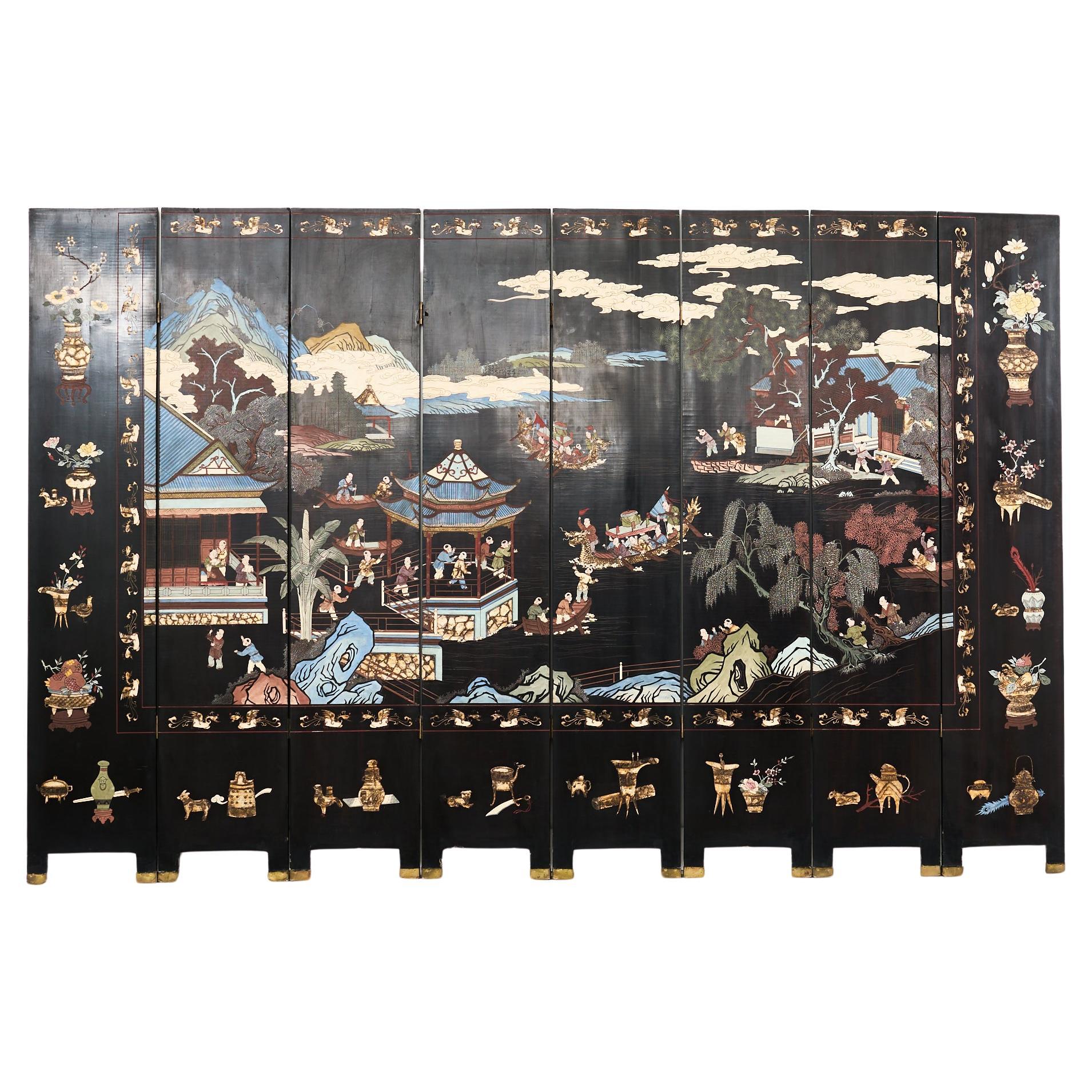 Chinese Export Eight Panel Coromandel Screen Blue Mountain Pavilion For Sale