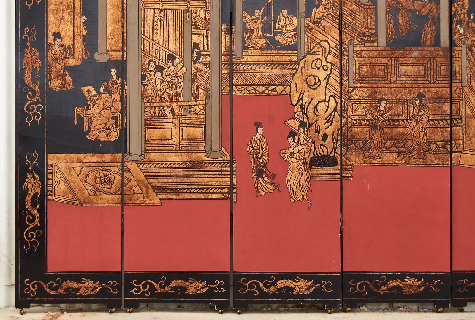 Chinese Export Eight Panel Coromandel Screen Gilt Imperial Palace 5