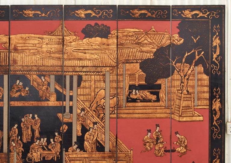 Chinese Export Eight Panel Coromandel Screen Gilt Imperial Palace For Sale 6