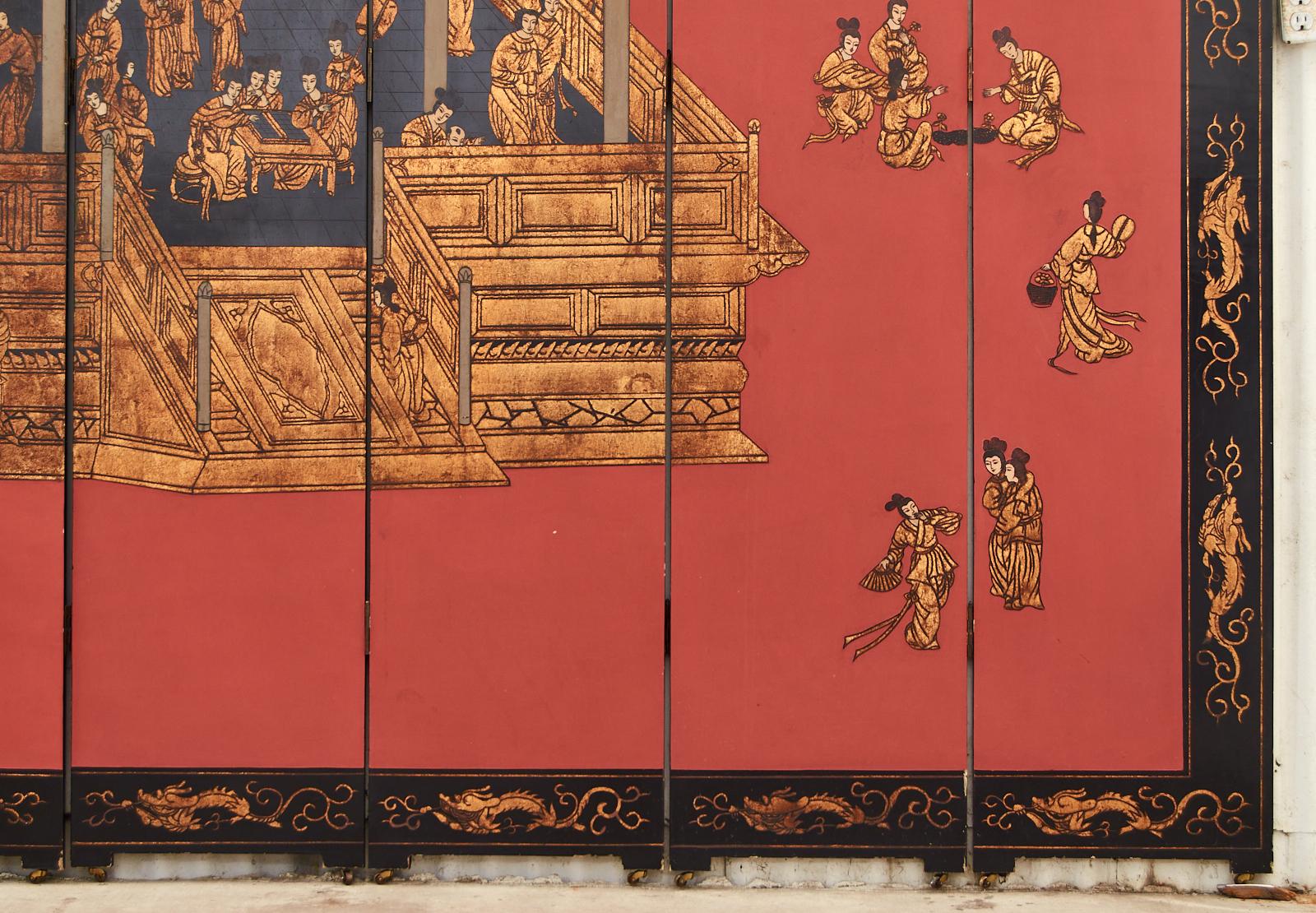 Chinese Export Eight Panel Coromandel Screen Gilt Imperial Palace 7