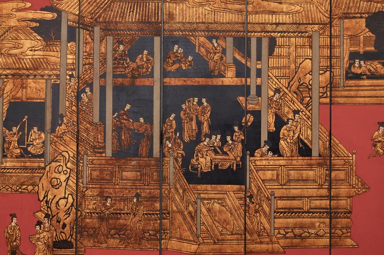 Chinese Export Eight Panel Coromandel Screen Gilt Imperial Palace For Sale 8