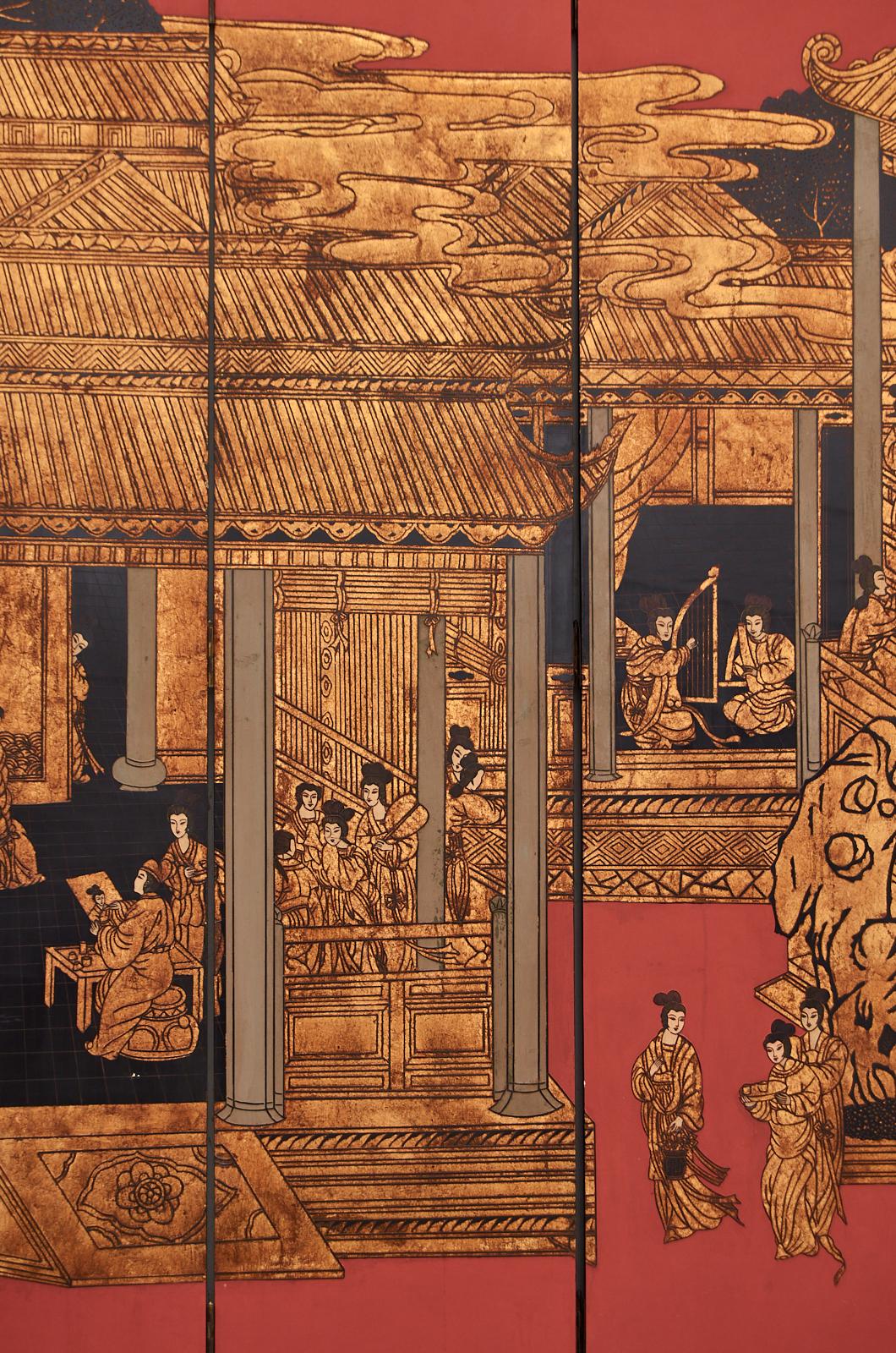 Chinese Export Eight Panel Coromandel Screen Gilt Imperial Palace 9
