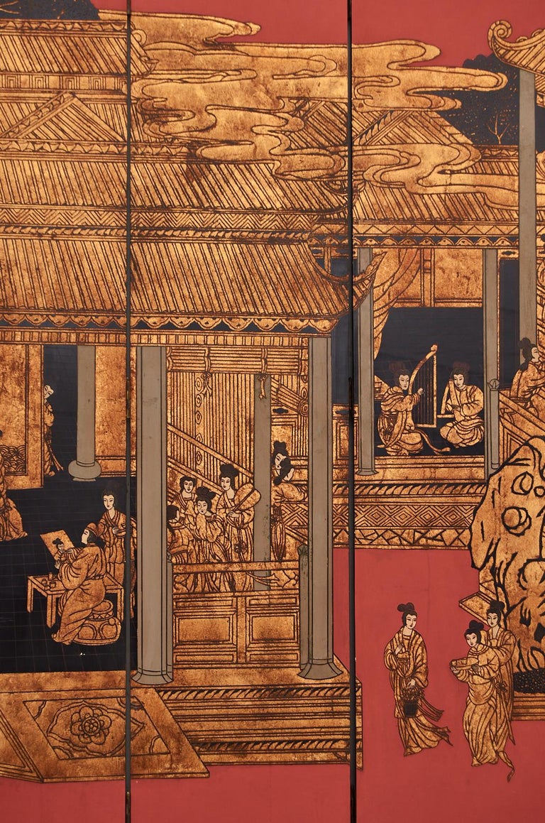 Chinese Export Eight Panel Coromandel Screen Gilt Imperial Palace For Sale 9