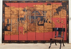 Chinese Export Eight Panel Coromandel Screen Gilt Imperial Palace