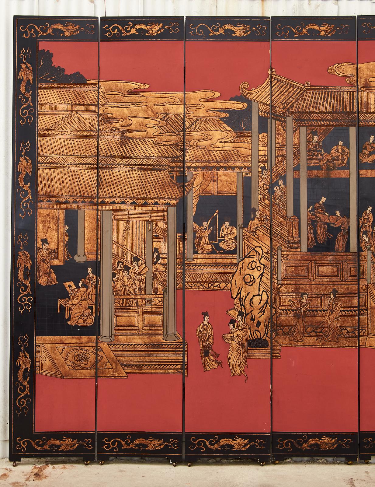 Chinese Export Eight Panel Coromandel Screen Gilt Imperial Palace In Good Condition In Rio Vista, CA