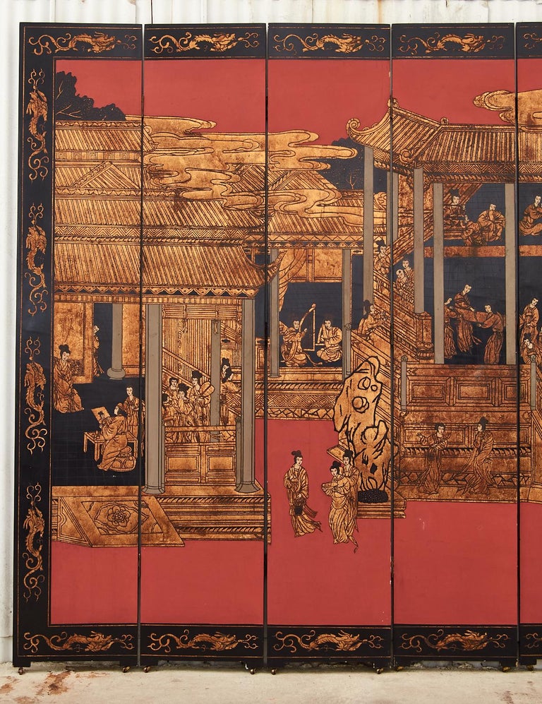 Chinese Export Eight Panel Coromandel Screen Gilt Imperial Palace In Good Condition For Sale In Rio Vista, CA