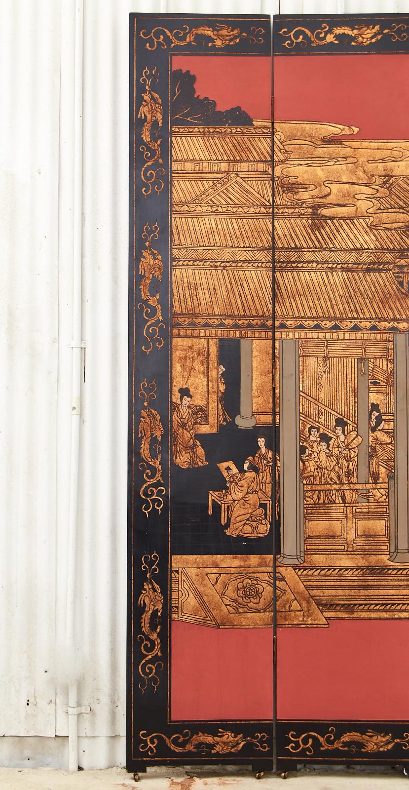 Brass Chinese Export Eight Panel Coromandel Screen Gilt Imperial Palace