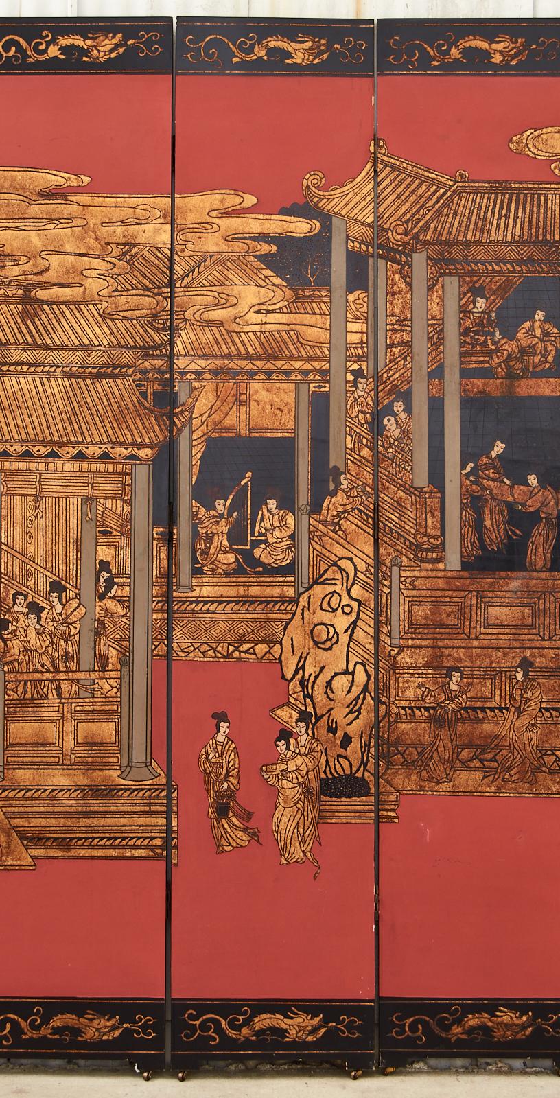 Chinese Export Eight Panel Coromandel Screen Gilt Imperial Palace 1