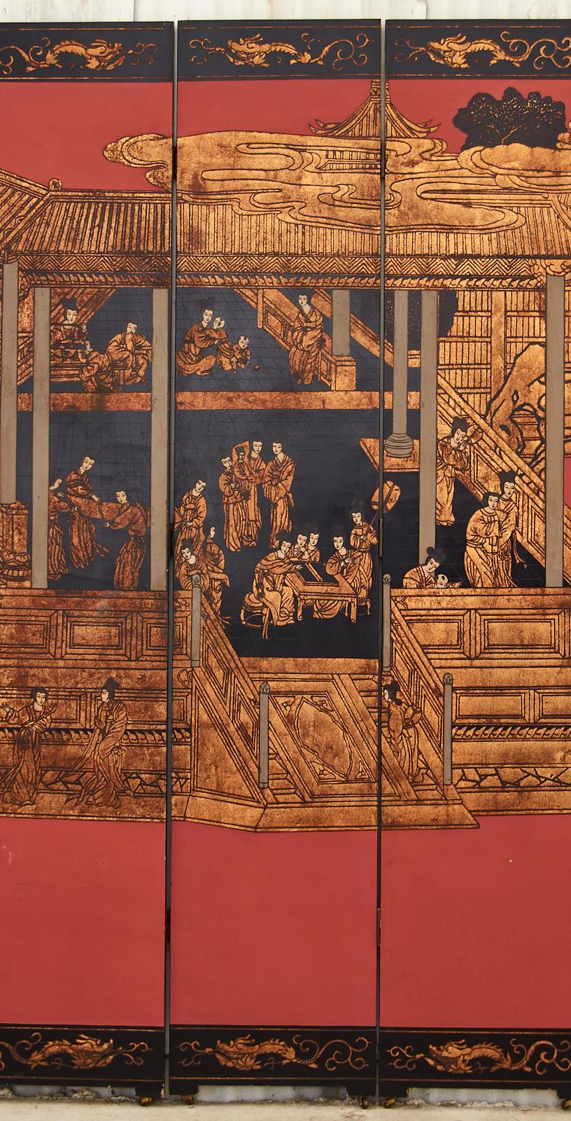 Chinese Export Eight Panel Coromandel Screen Gilt Imperial Palace 2