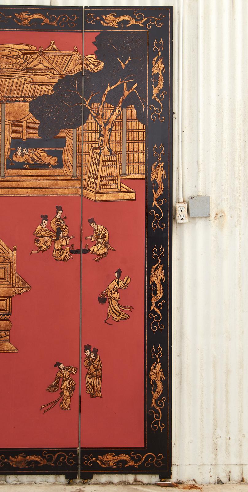Chinese Export Eight Panel Coromandel Screen Gilt Imperial Palace 3