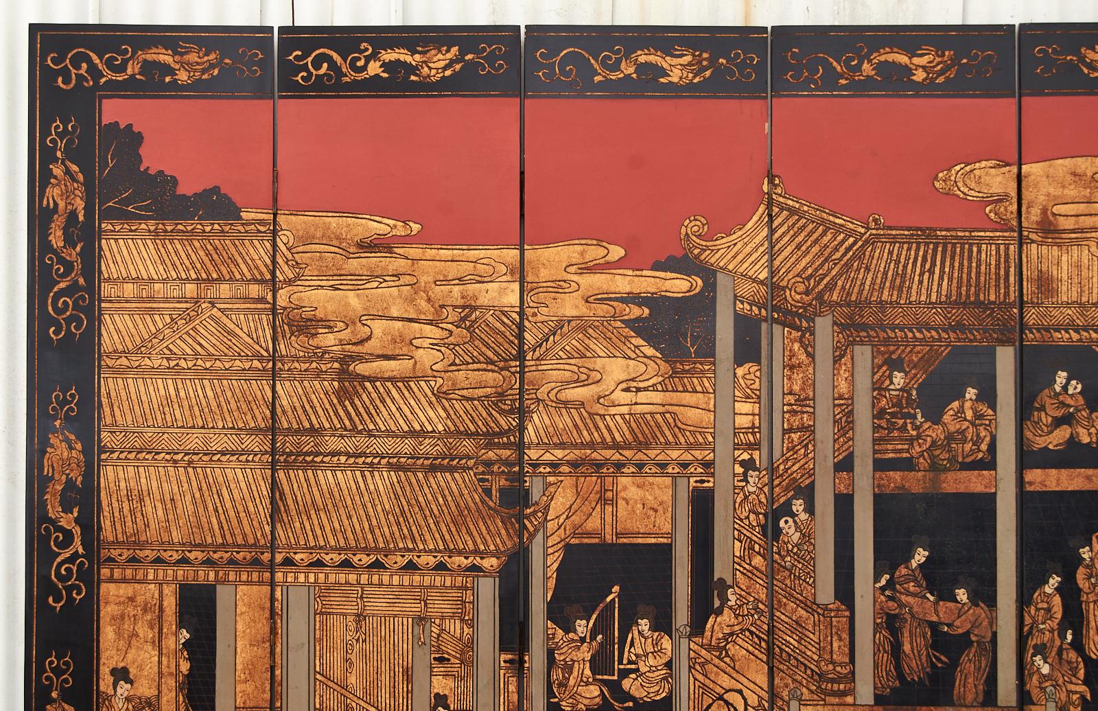 Chinese Export Eight Panel Coromandel Screen Gilt Imperial Palace 4