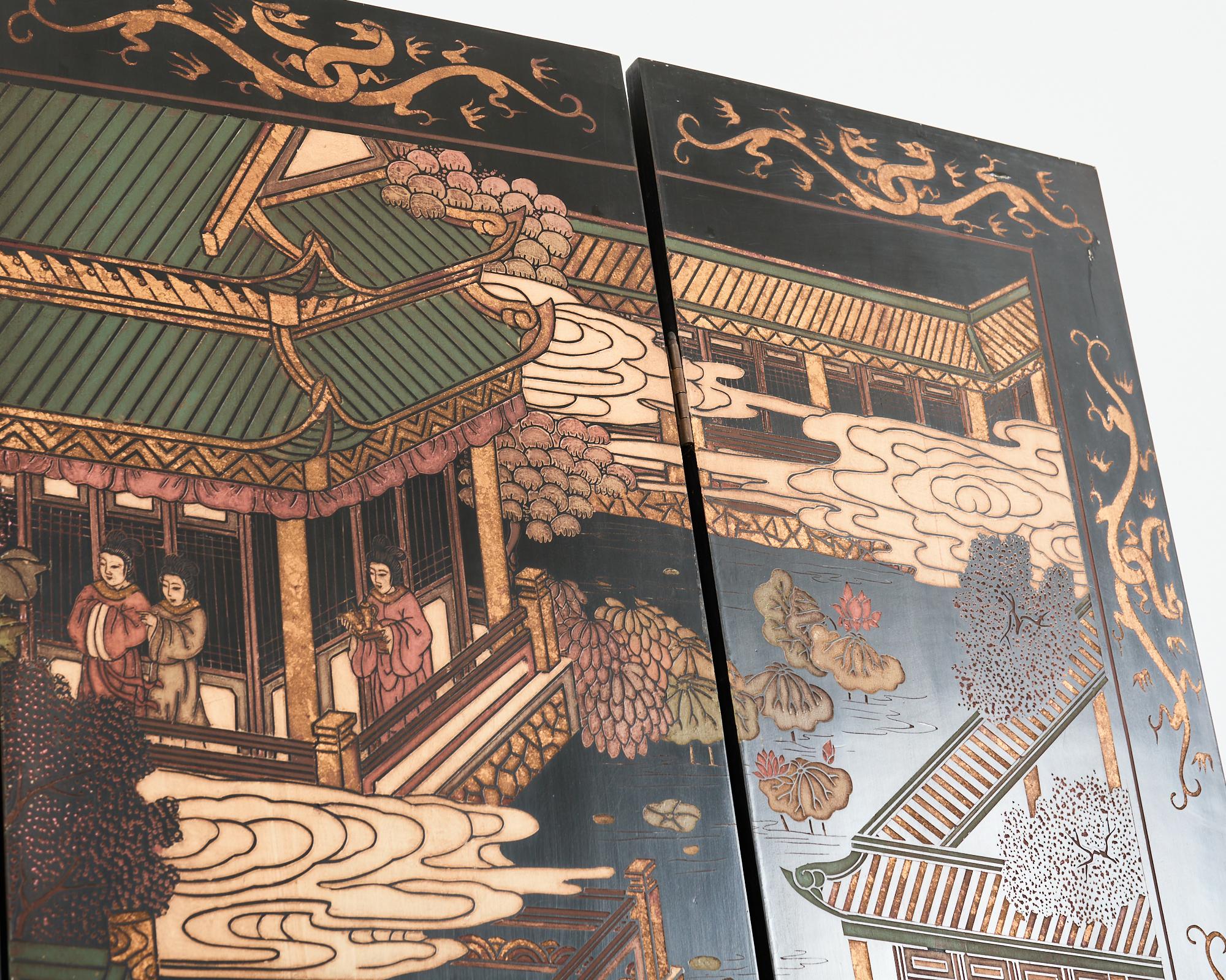 Paravent Coromandel de Han Palace d'exportation chinoise à huit panneaux 7