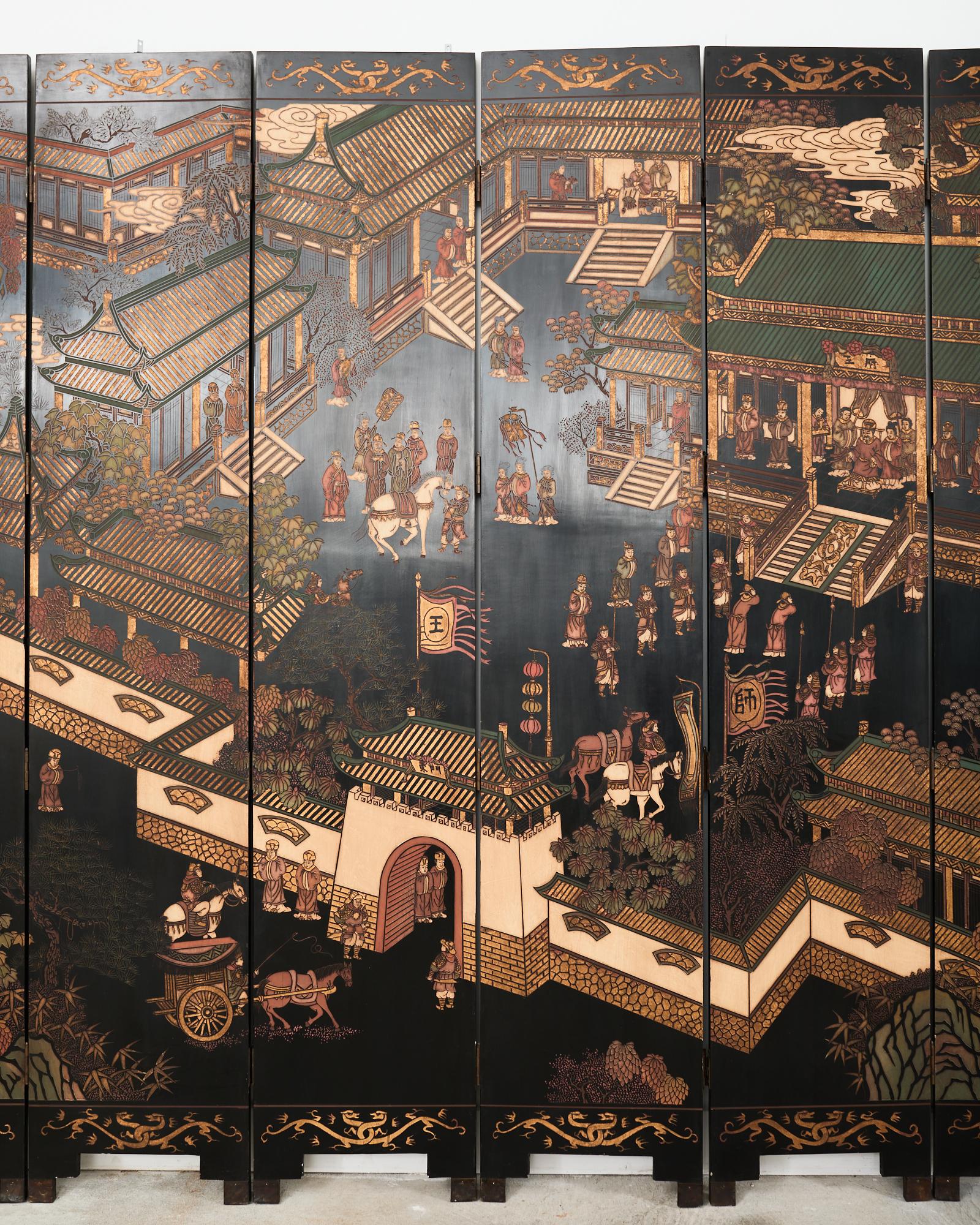 Chinois Paravent Coromandel de Han Palace d'exportation chinoise à huit panneaux