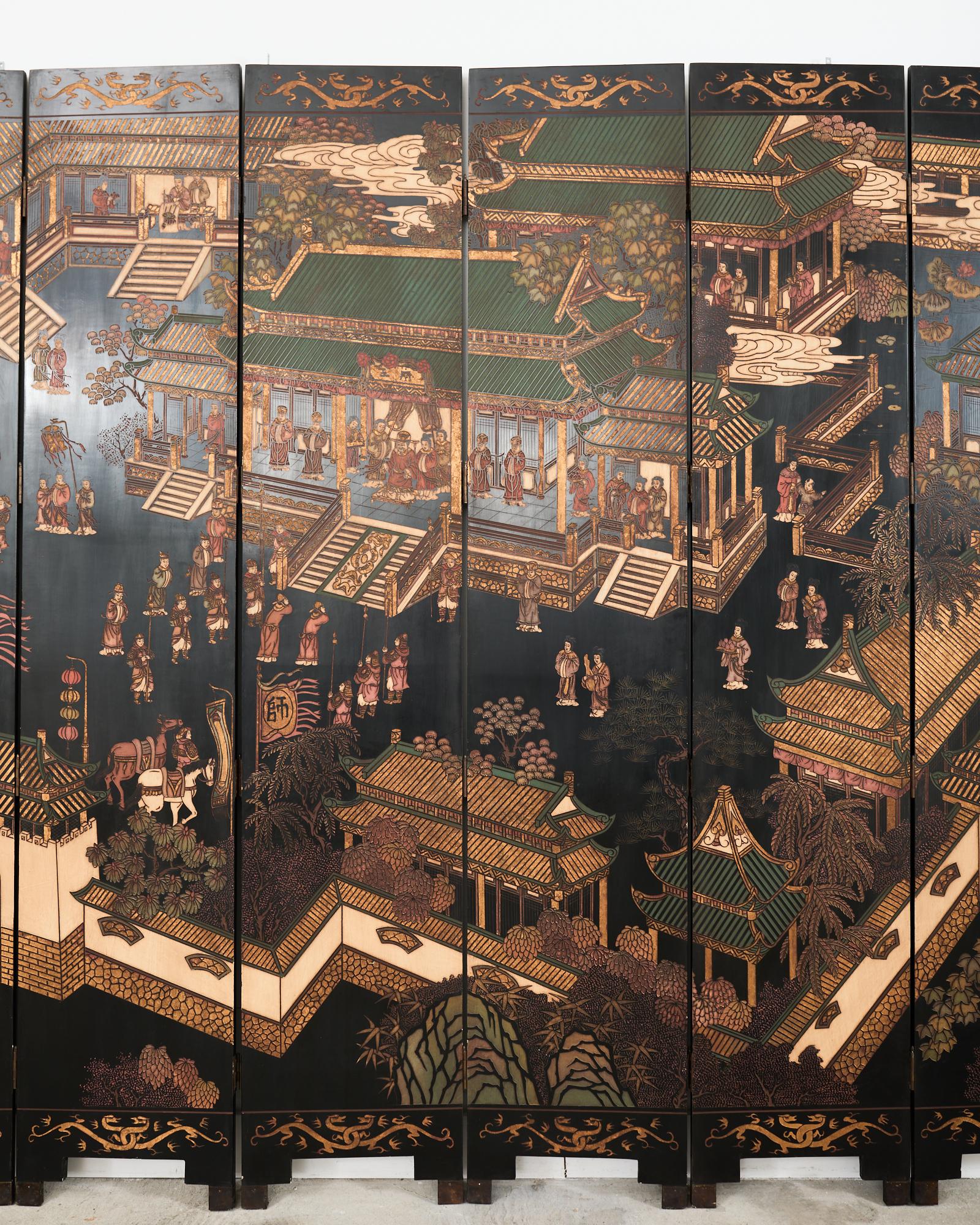 Laqué Paravent Coromandel de Han Palace d'exportation chinoise à huit panneaux