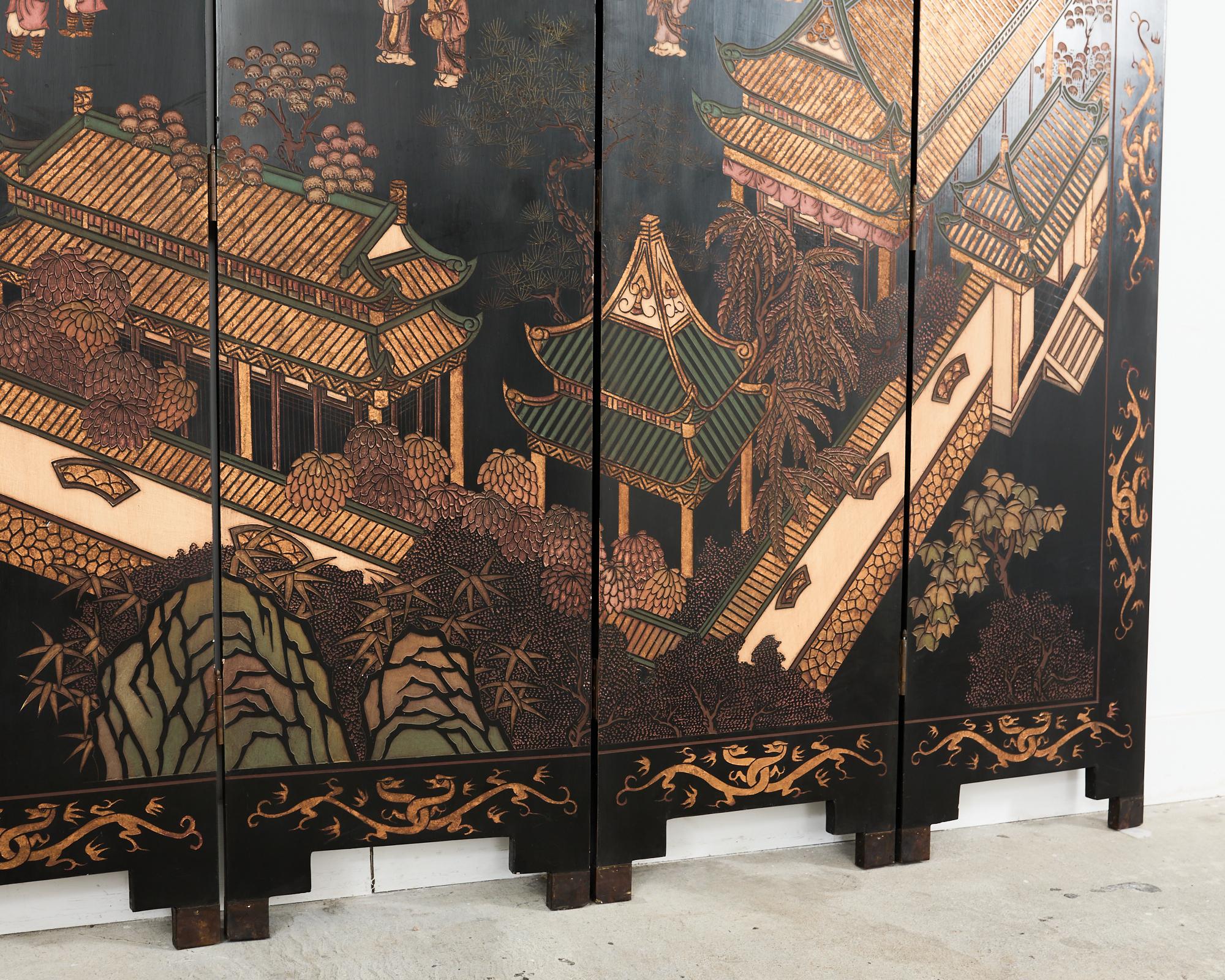Laiton Paravent Coromandel de Han Palace d'exportation chinoise à huit panneaux