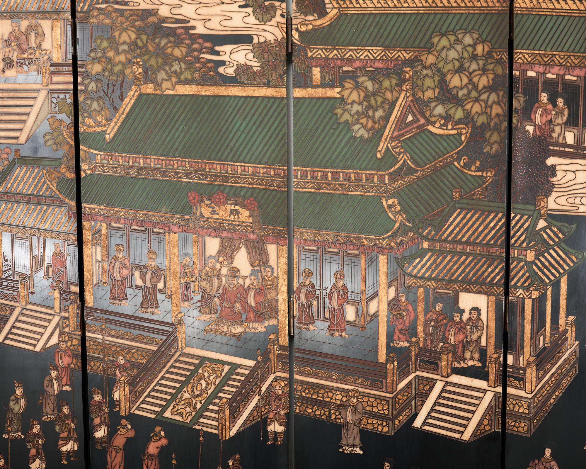 Paravent Coromandel de Han Palace d'exportation chinoise à huit panneaux 1