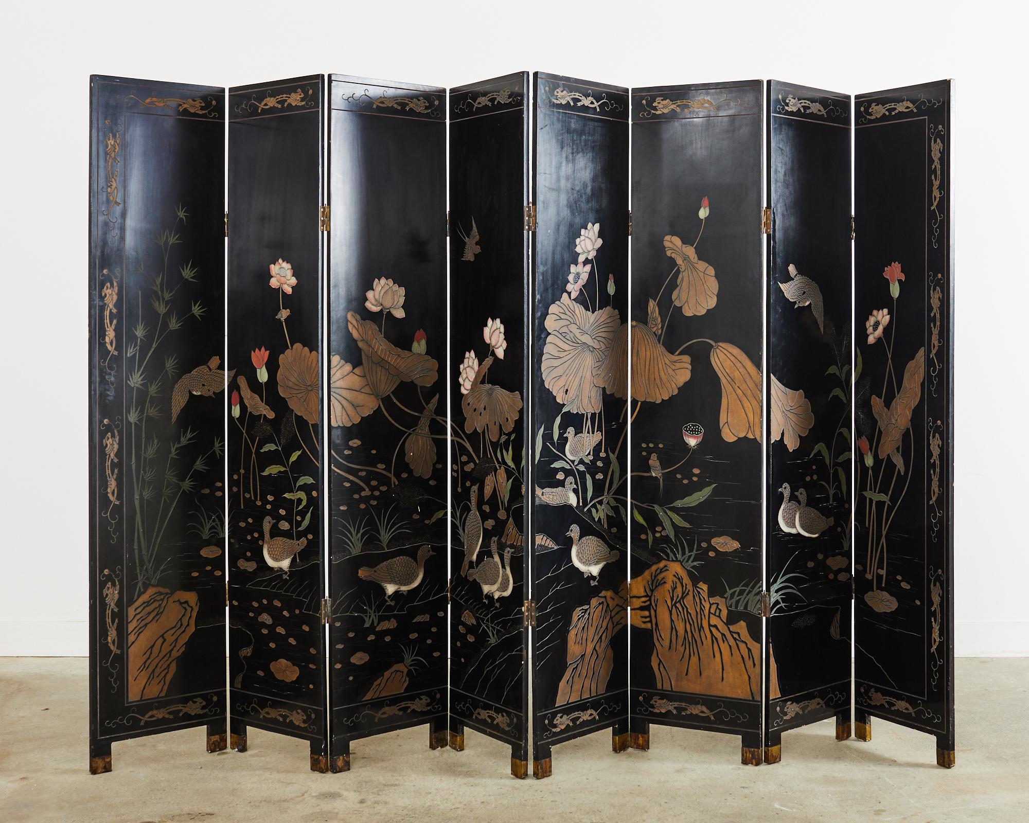 Lacquered Chinese Export Eight Panel Coromandel Screen Lotus Blossoms  For Sale