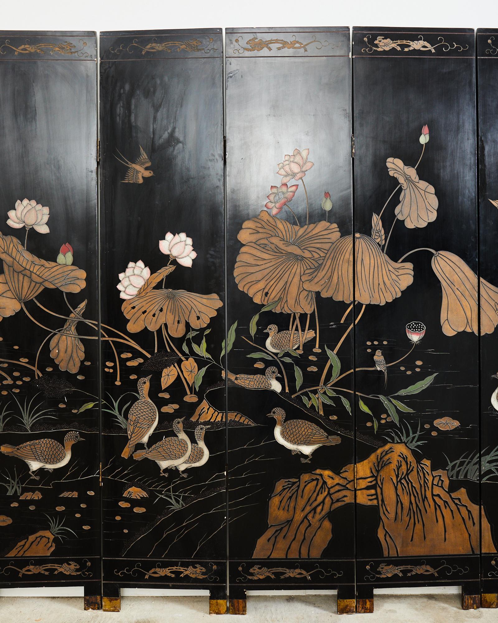 Brass Chinese Export Eight Panel Coromandel Screen Lotus Blossoms  For Sale