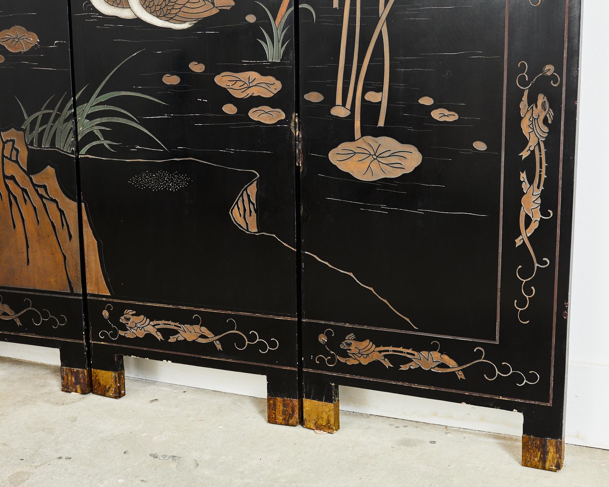 Chinese Export Eight Panel Coromandel Screen Lotus Blossoms  For Sale 3