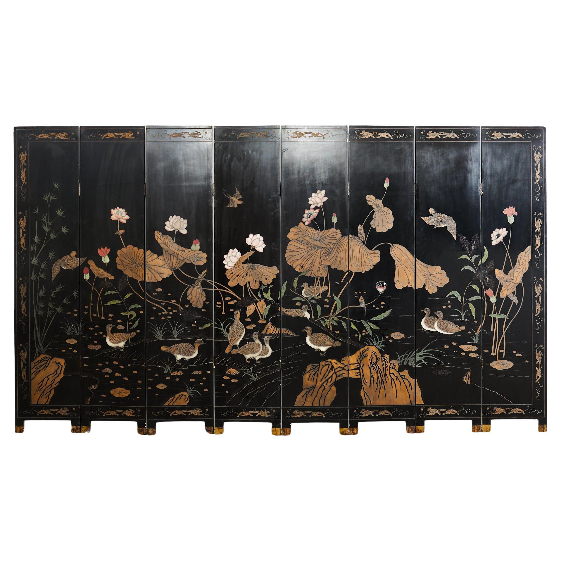 Chinese Export Eight Panel Coromandel Screen Lotus Blossoms 
