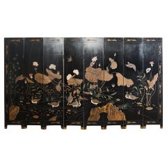 Vintage Chinese Export Eight Panel Coromandel Screen Lotus Blossoms 