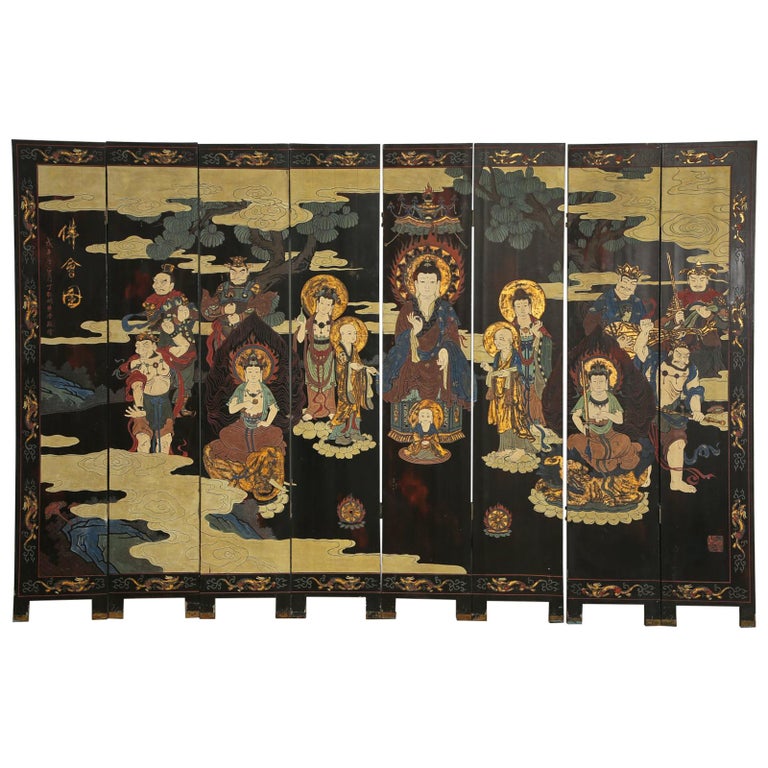 Chinese Export Eight Panel Coromandel Screen of Deities For Sale