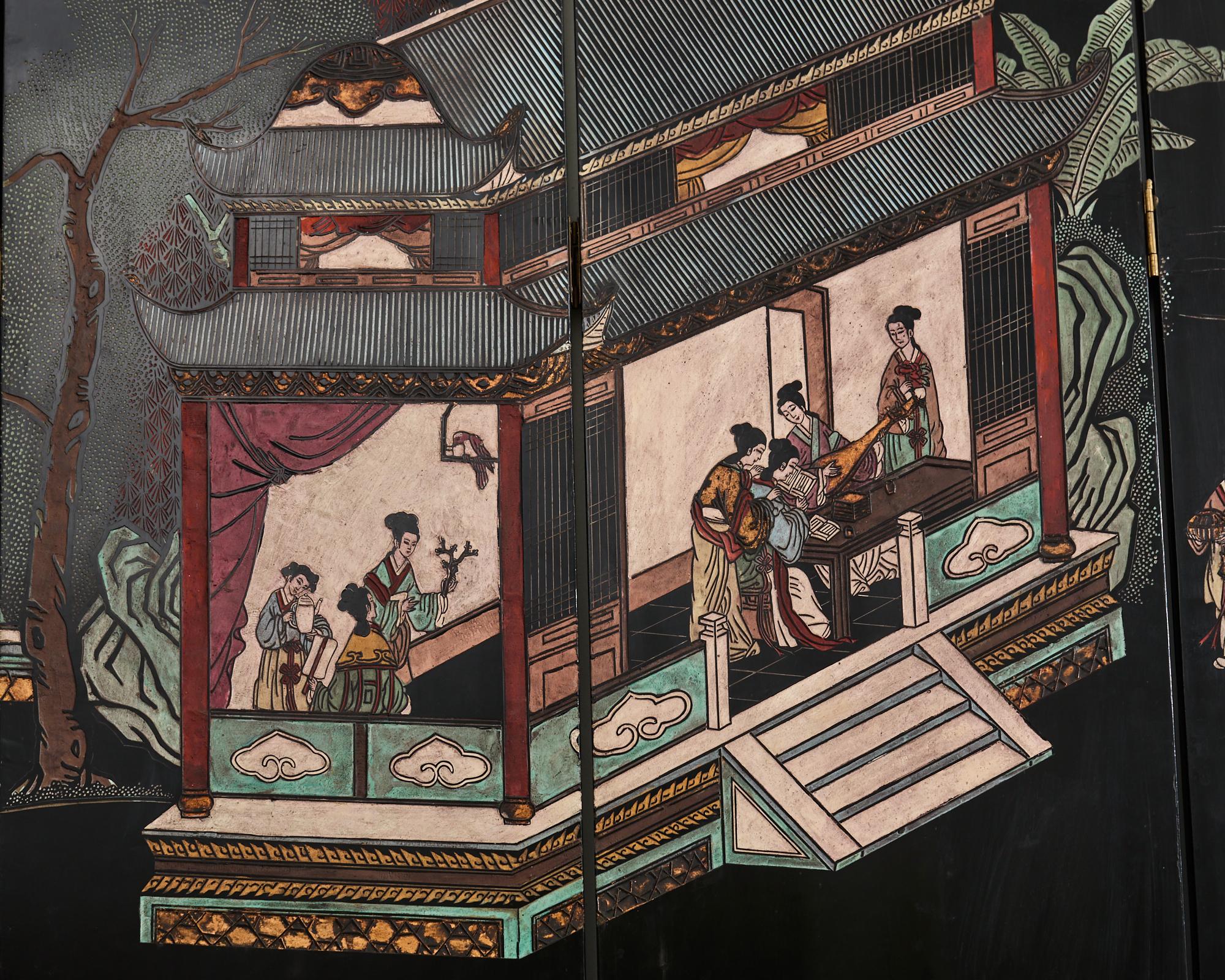 Esportazione cinese di otto pannelli Coromandel Screen Pagoda Courtyard in vendita 8