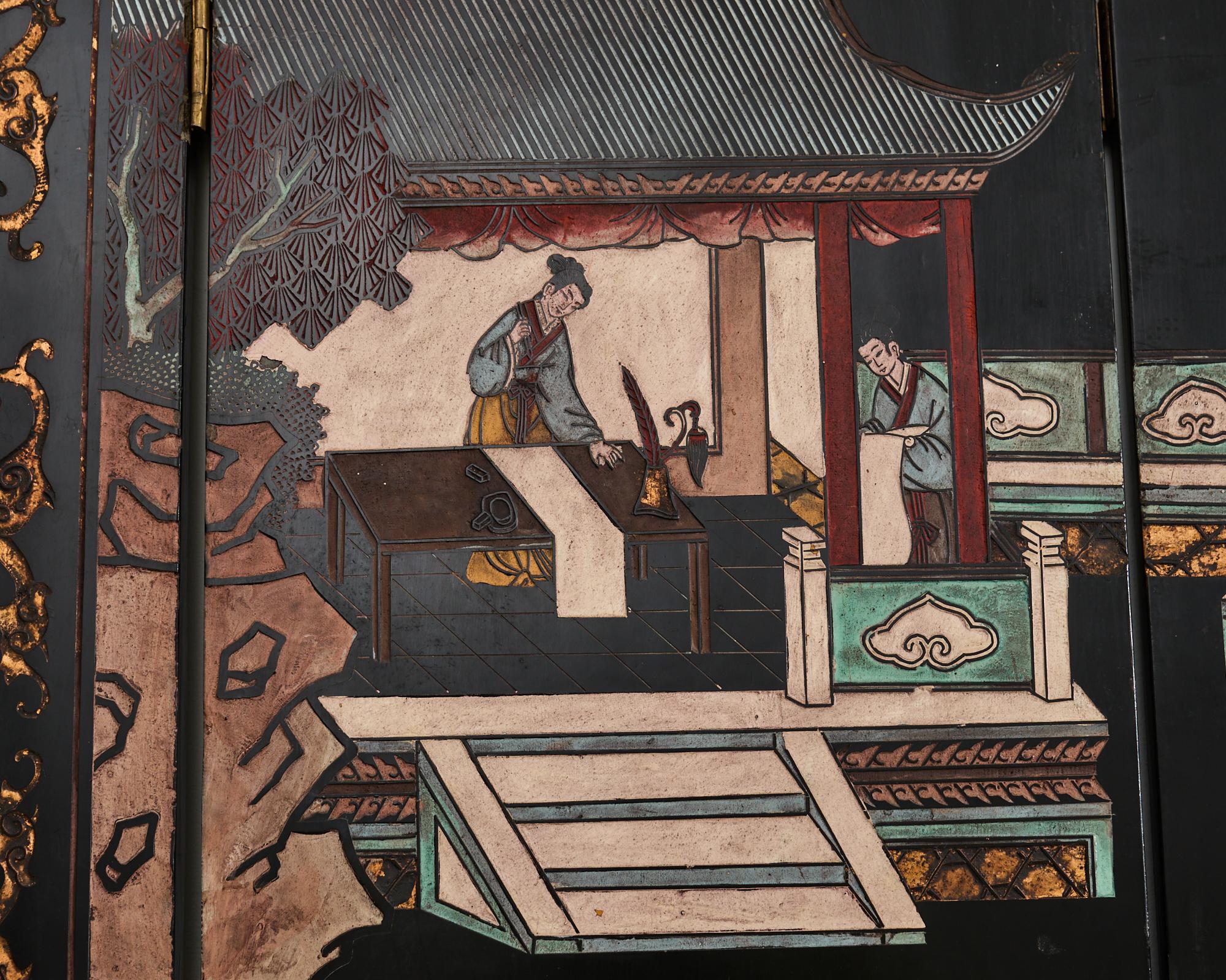 Esportazione cinese di otto pannelli Coromandel Screen Pagoda Courtyard in vendita 9