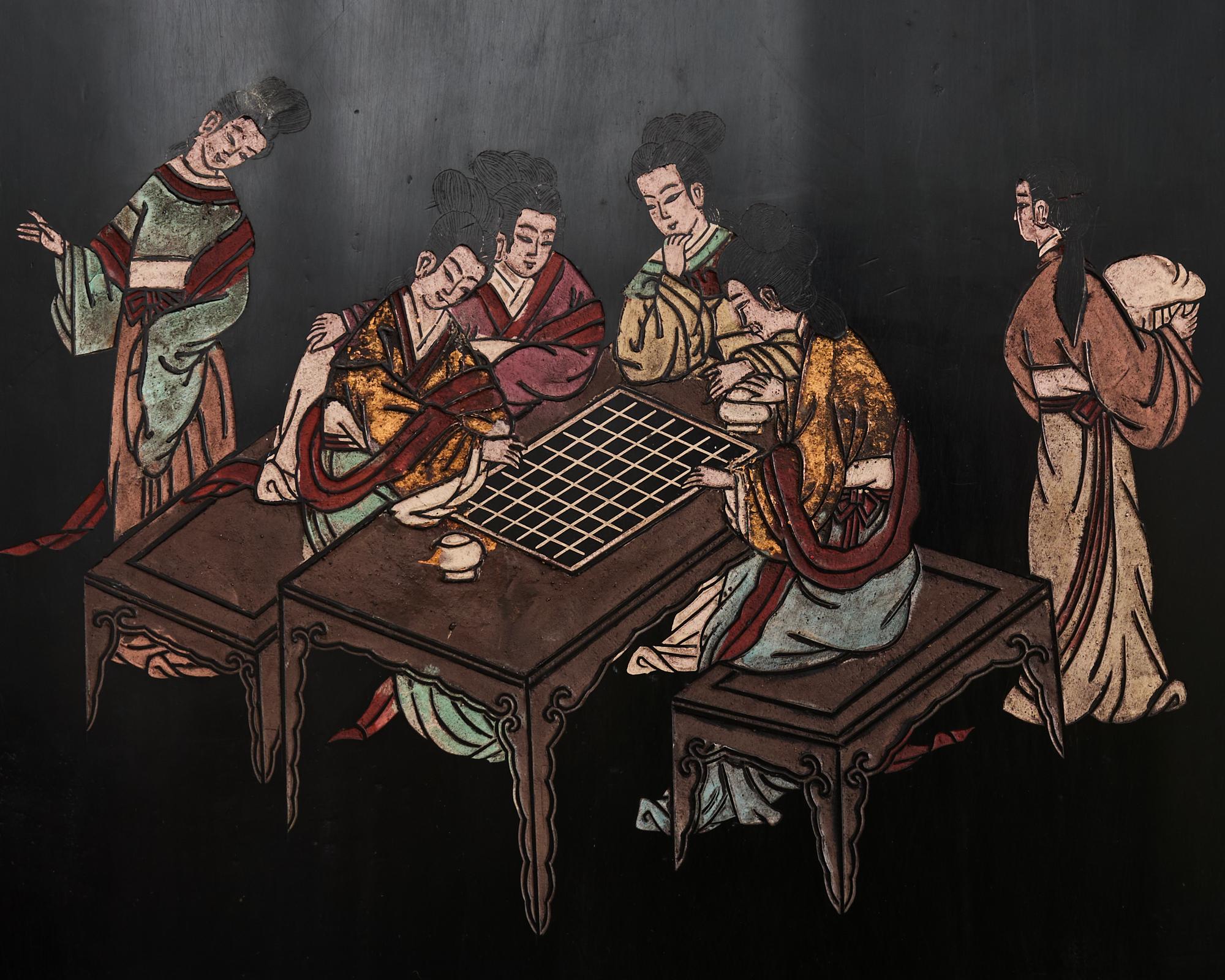 Esportazione cinese di otto pannelli Coromandel Screen Pagoda Courtyard in vendita 10