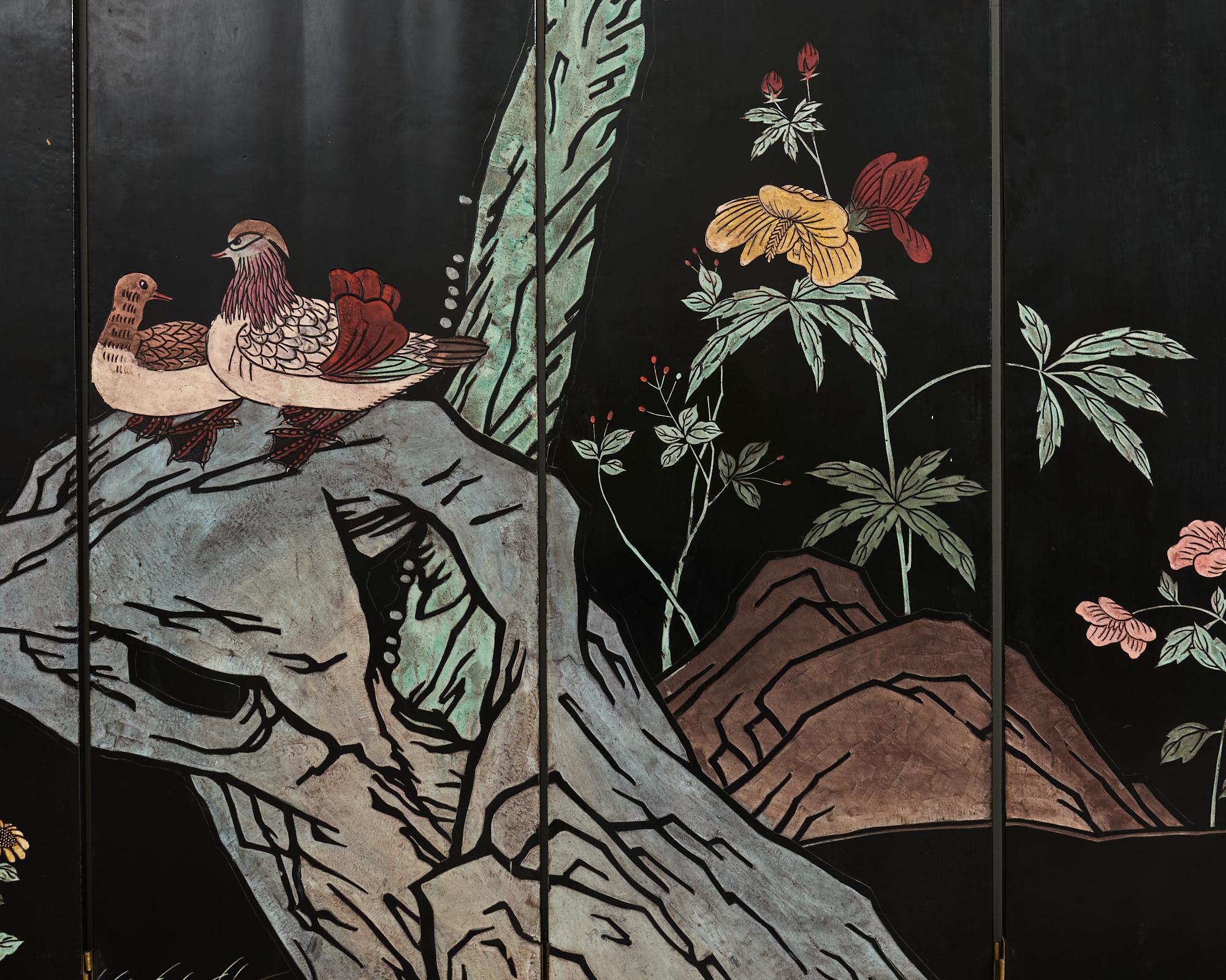 Esportazione cinese di otto pannelli Coromandel Screen Pagoda Courtyard in vendita 13